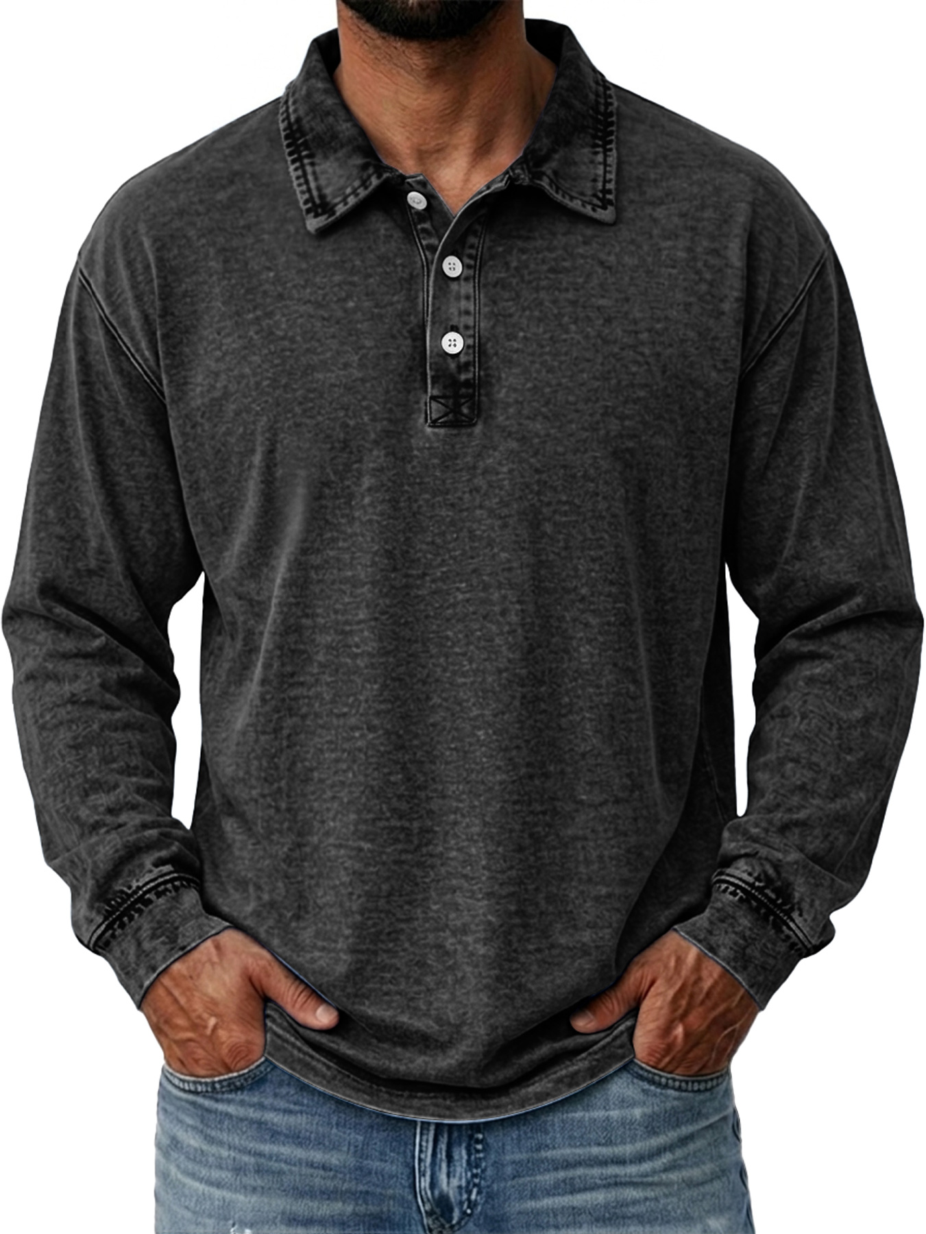 Men's Vintage Washed Cotton Long-Sleeve Polo Shirt with Collar and Button Placket