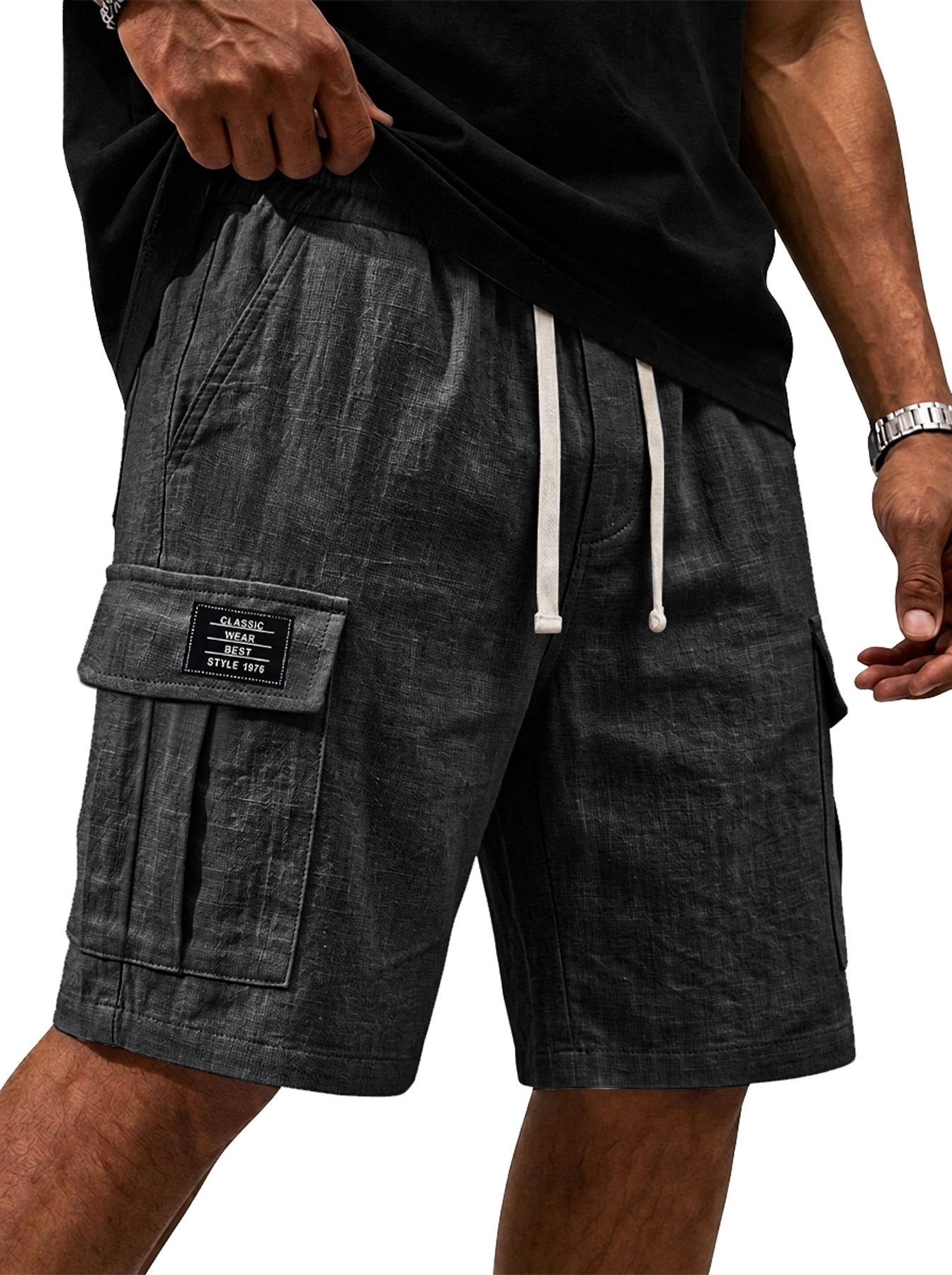 Men's Cotton Linen Embroidered Logo Casual Comfortable Shorts