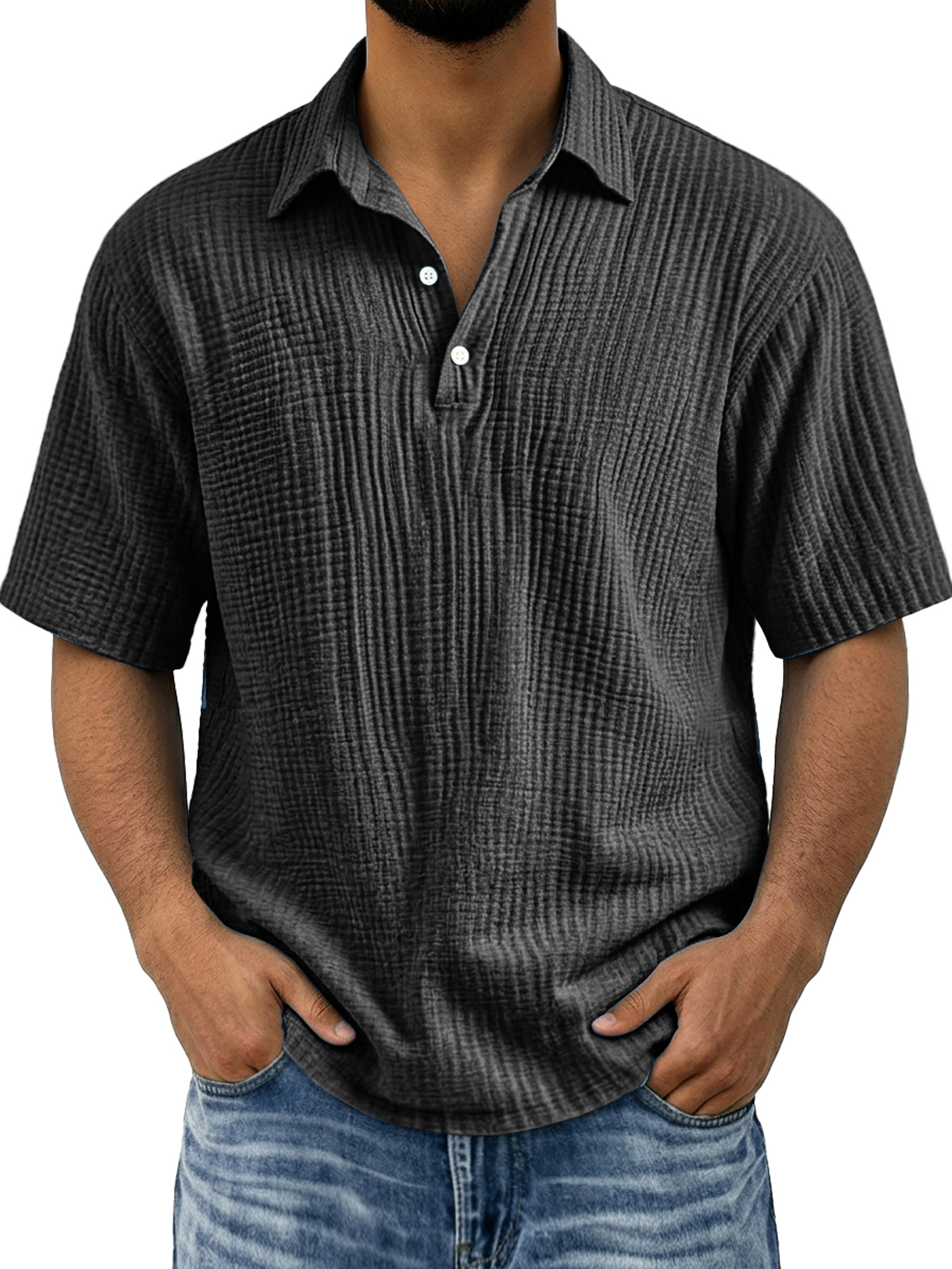 Men's Polo Shirt with Pleated Collar, Button-Down Casual Solid Color Short Sleeve