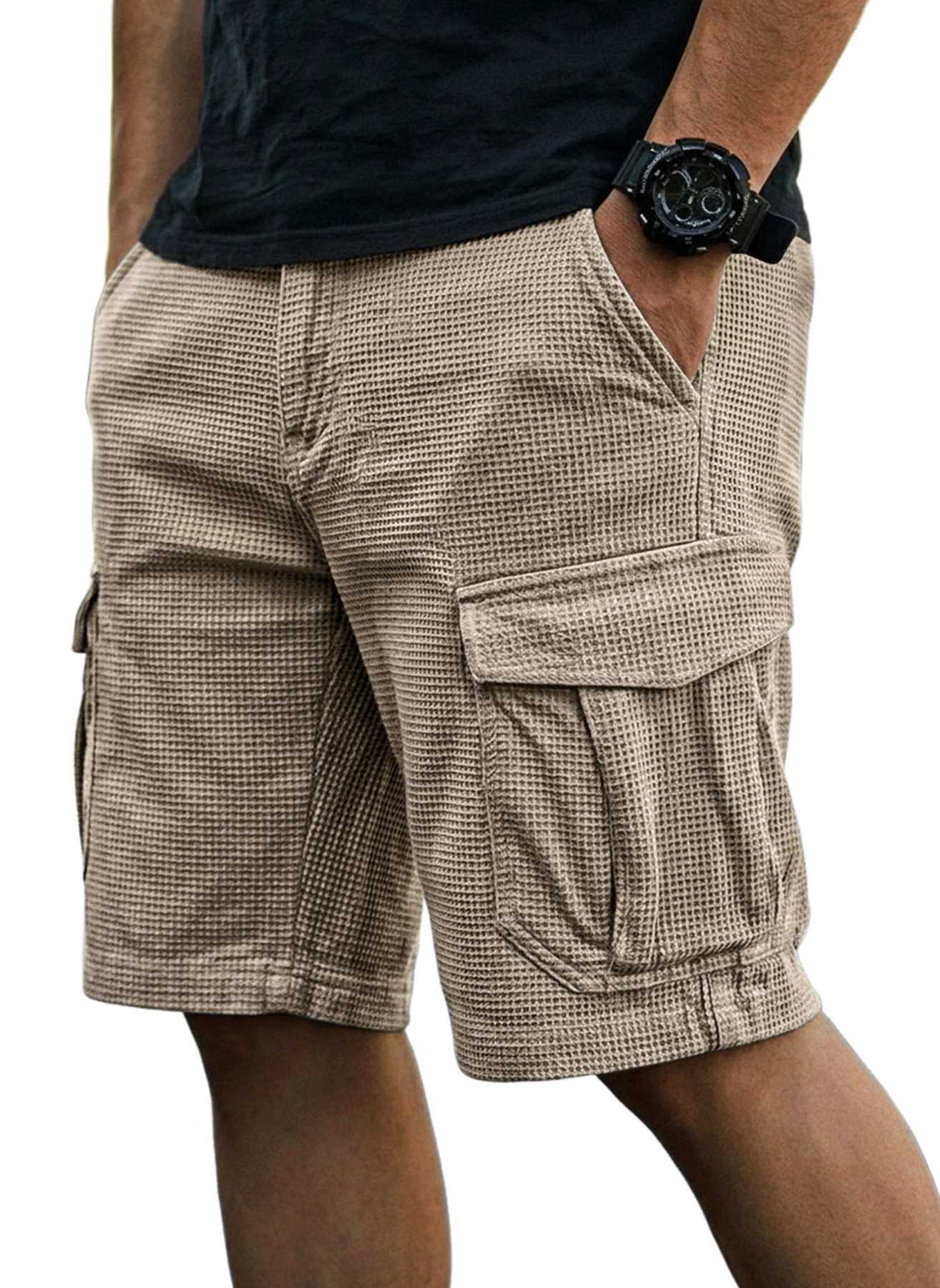 Men's Casual Waffle-Knit Multi-Pocket Cargo Shorts