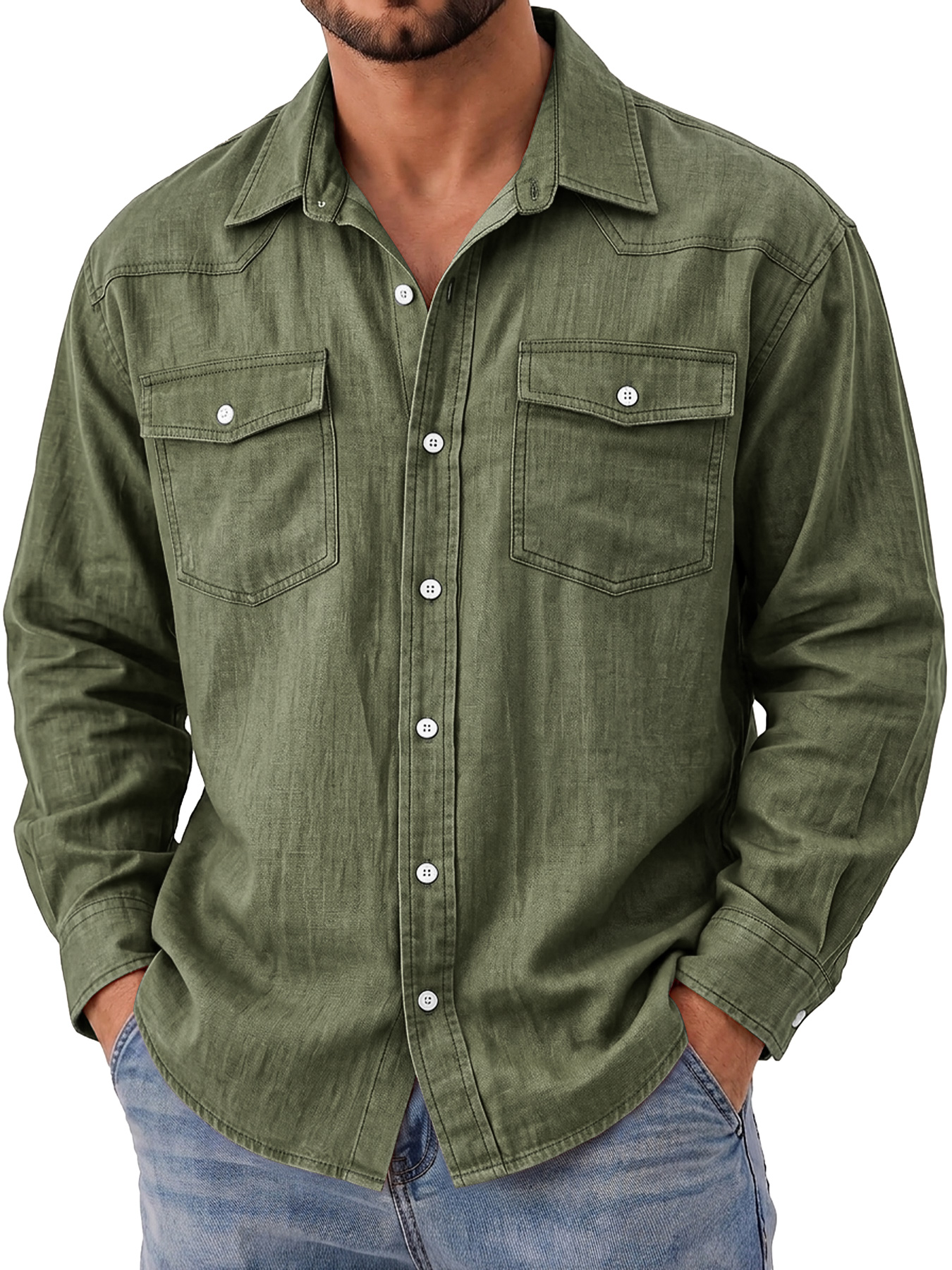 Men's Autumn Casual Long-Sleeve Shirt with Deconstructed Design and Dual Pockets