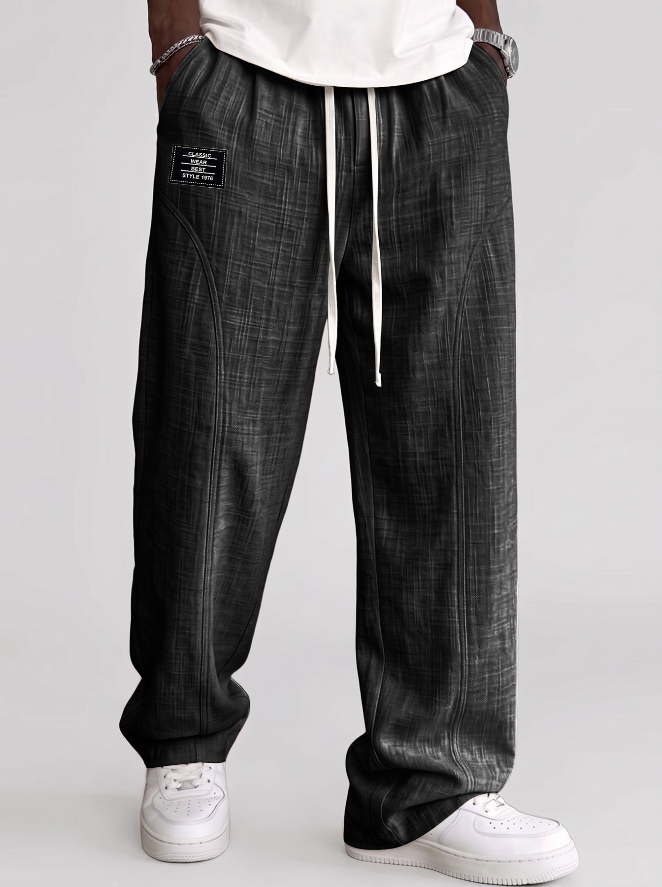 Men's Comfortable Cotton-Linen Casual Trousers with Deconstructed Design and Embroidered Logo