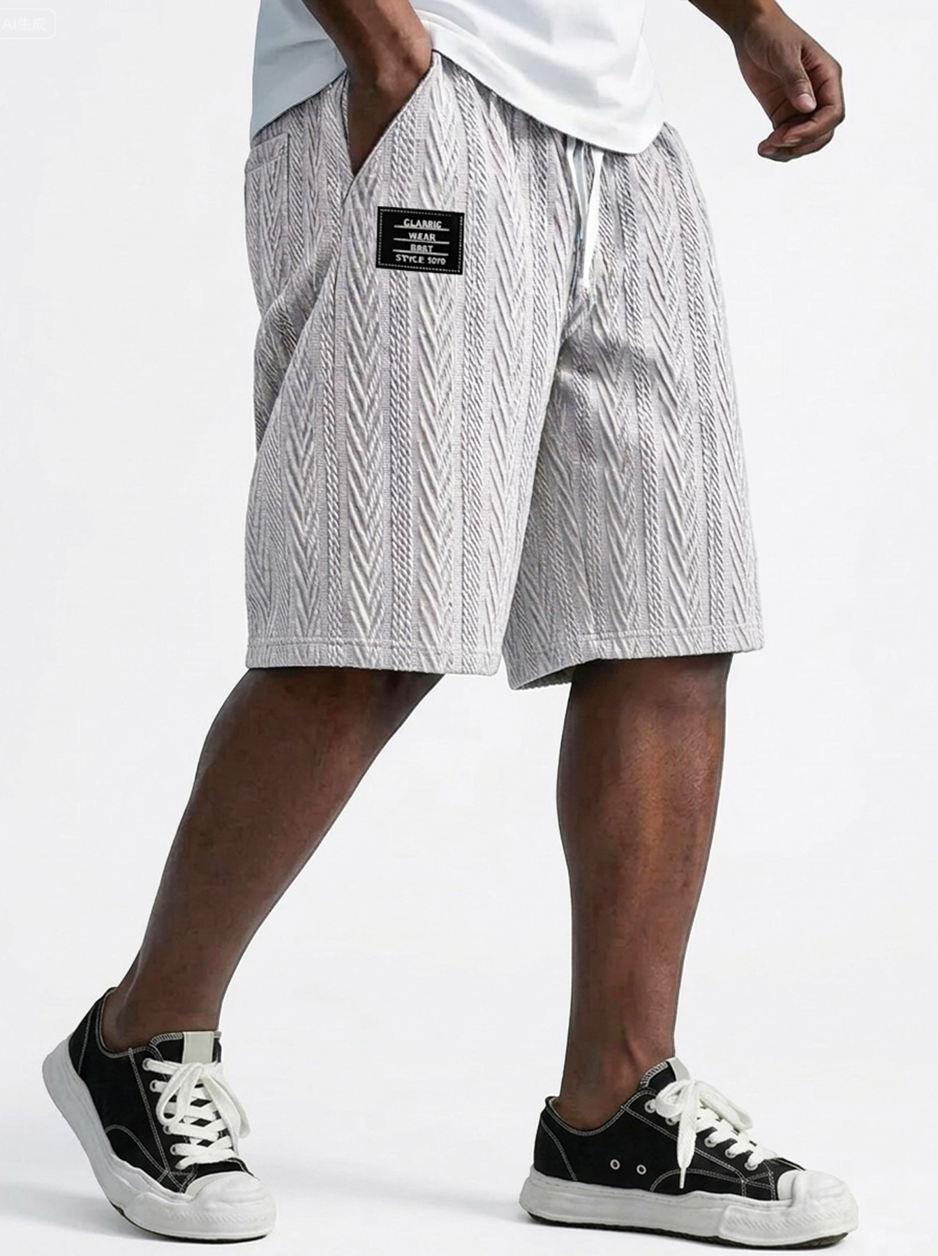 Men's Casual Textured Embroidered Logo Elastic Waist Solid Color Shorts