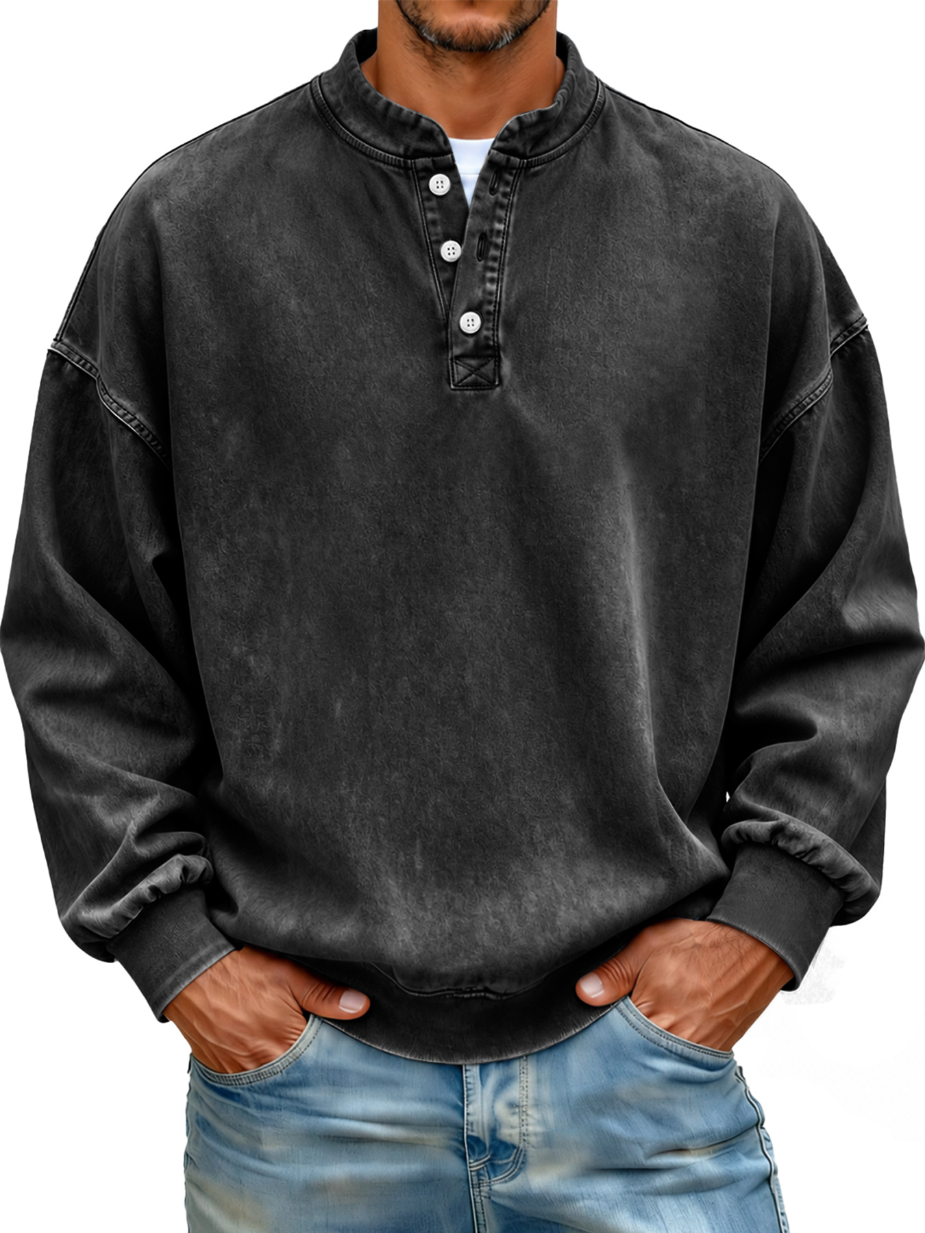 Men's Autumn/Winter Vintage Stand-Collar Button-Front Casual Sweatshirt