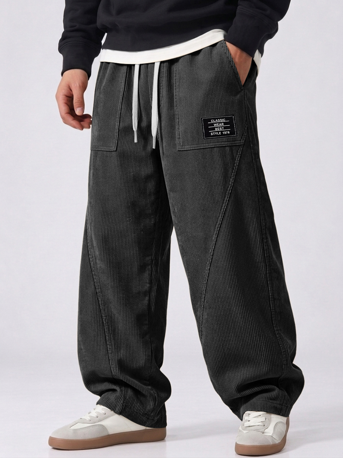 Men's Corduroy Deconstructed Casual Trousers with Patch Pockets and Curved Seam Detail