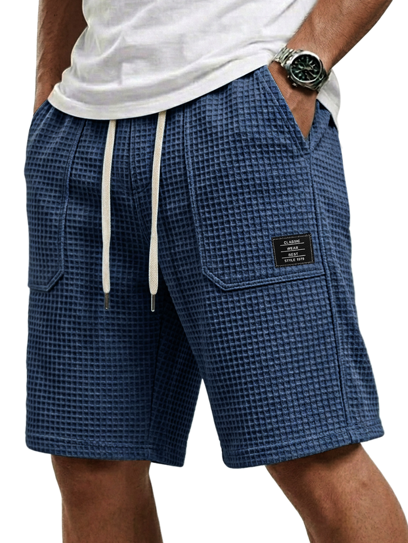 Men's Waffle Patch Pocket Embroidered Logo Casual Shorts