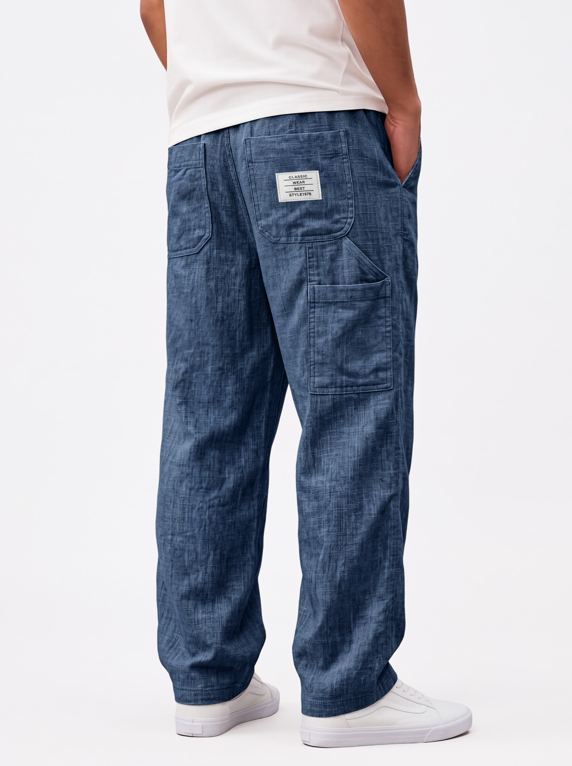Men's Casual Linen Cargo Trousers with Embroidered Logo and Multiple Pockets