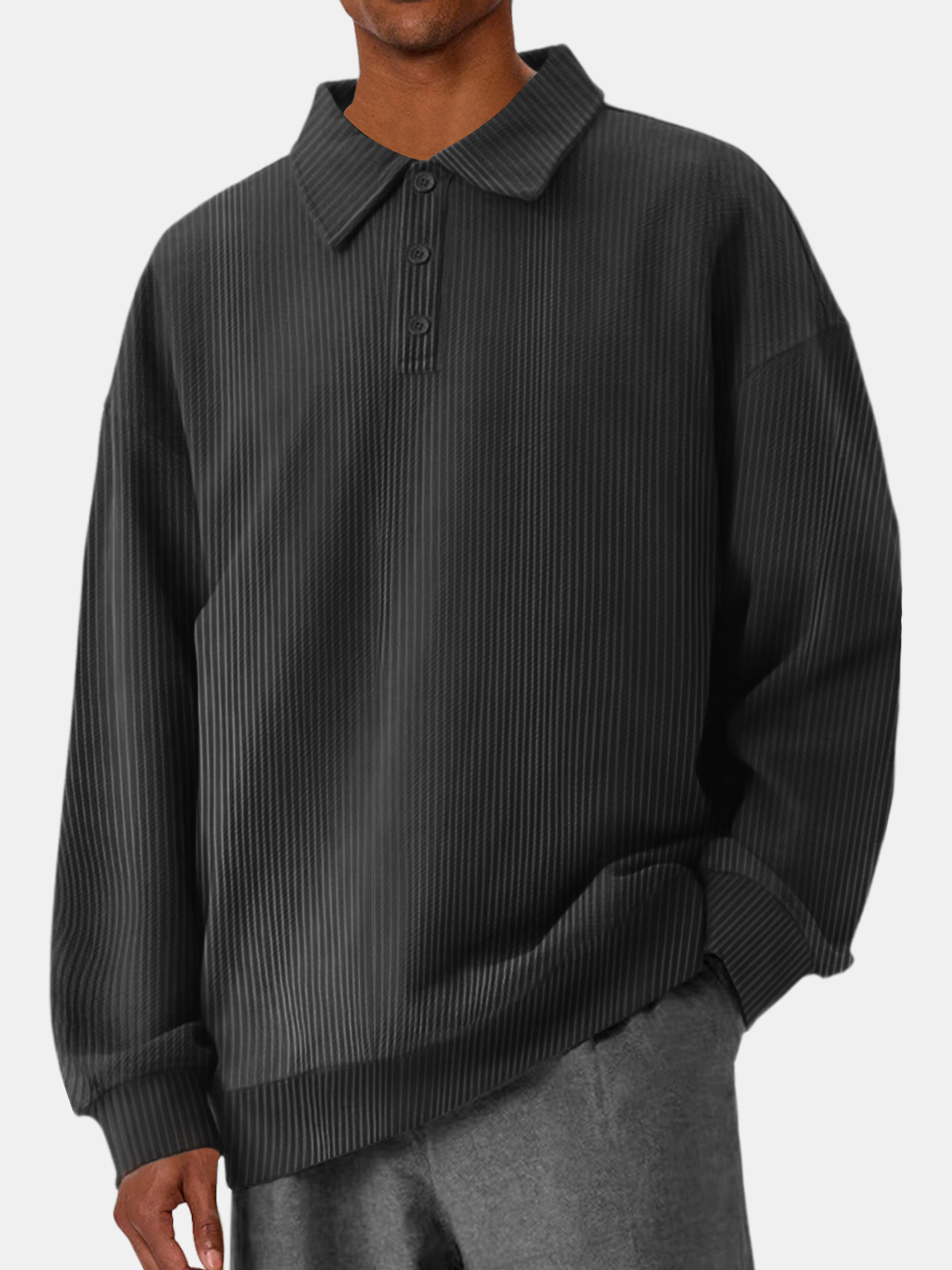 Men's Casual Pit Lapel Button Solid Color Comfortable Polo Sweatshirt