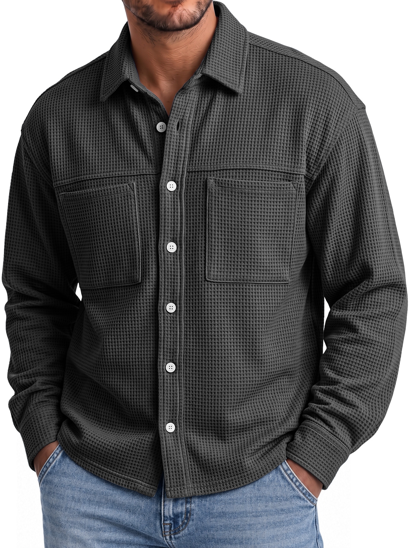 Men's Autumn Casual Long-Sleeve Waffle-Knit Shirt with Dual Pockets