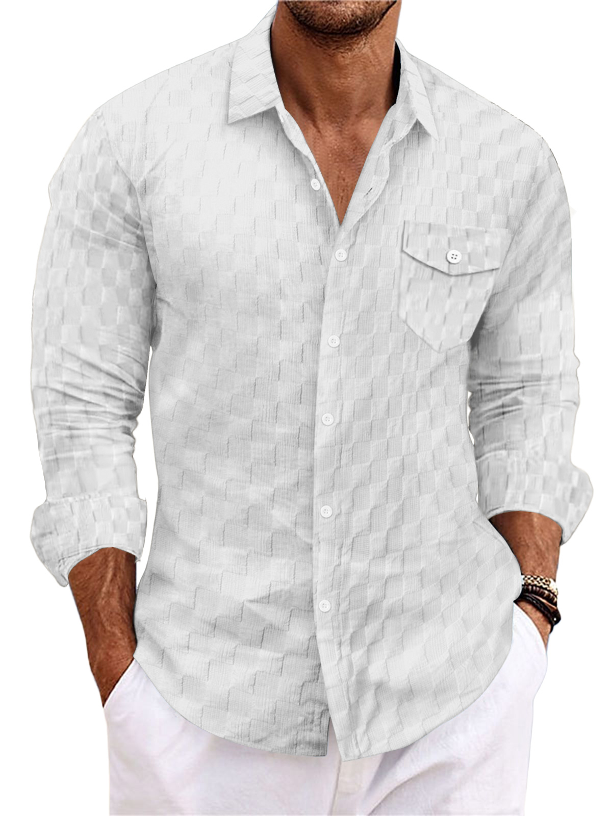 Men's Casual Plaid Jacquard Solid Color Pocket Long Sleeve Shirt