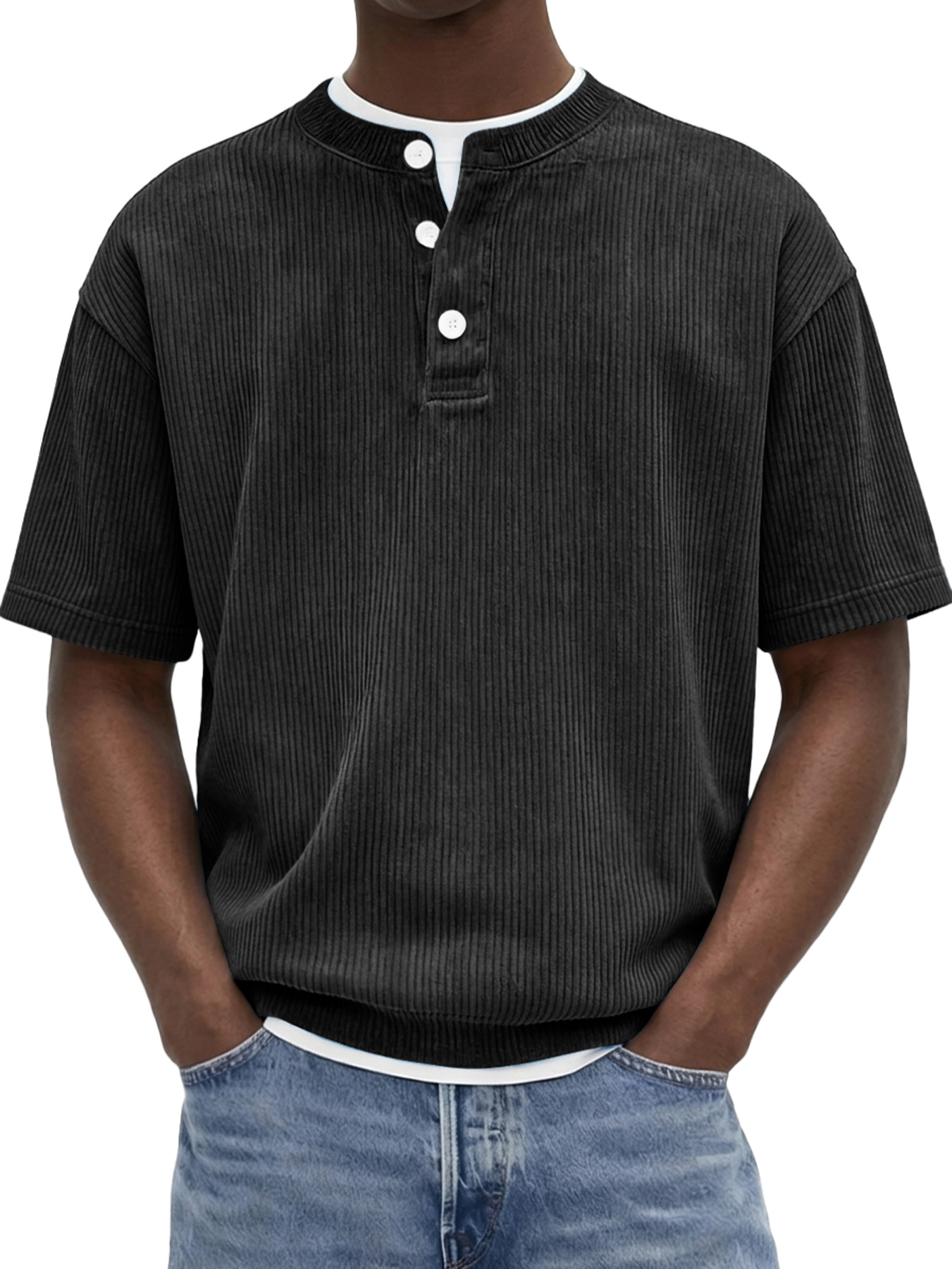 Men's Retro Corduroy Casual Short-Sleeve Henley Shirt