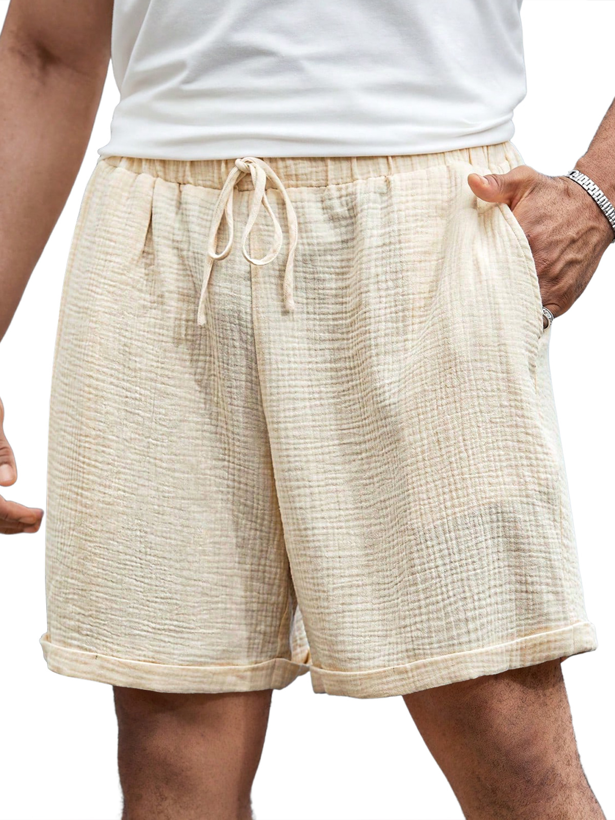 Men's Casual Pleated Elastic Waist Comfort Solid Color Shorts