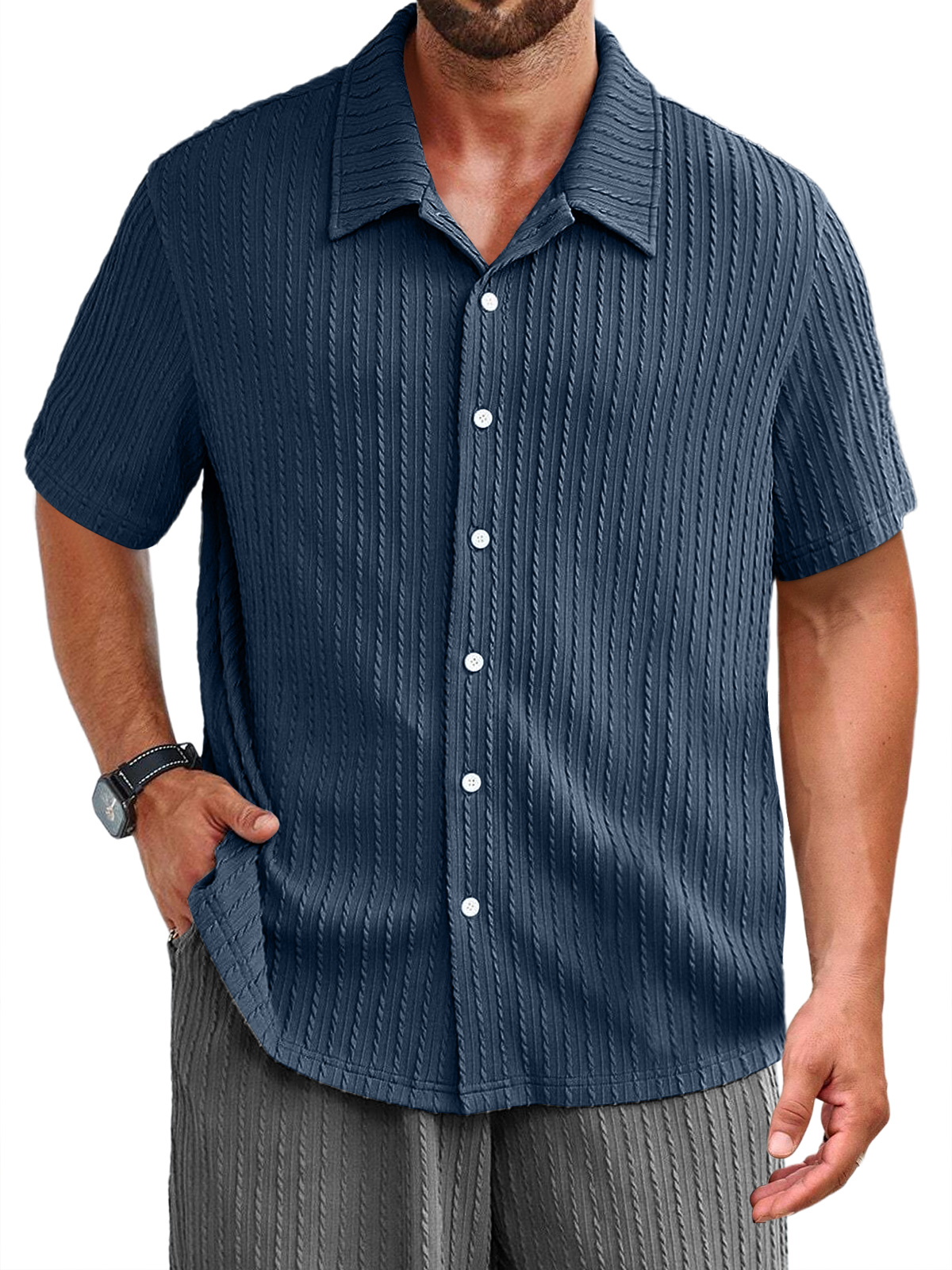 Men's Daily Jacquard Texture Casual Solid Color Short-sleeved Shirt