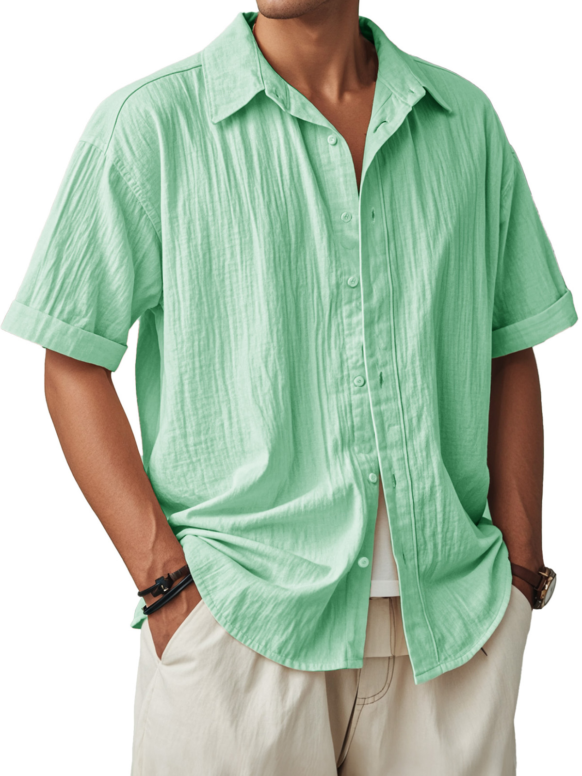 Men's Fashion Casual Pleated Fabric Short Sleeve Shirt