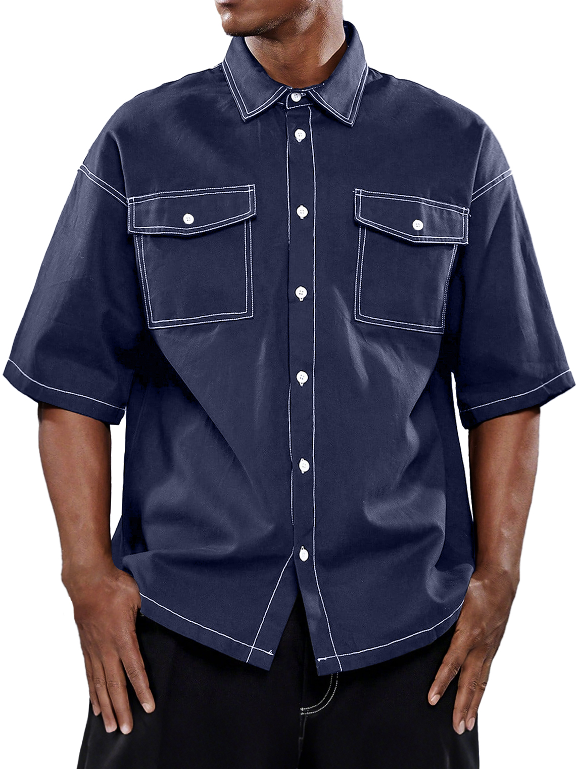 Men's Retro Workwear Double Pocket Casual Solid Color Short Sleeve Shirt