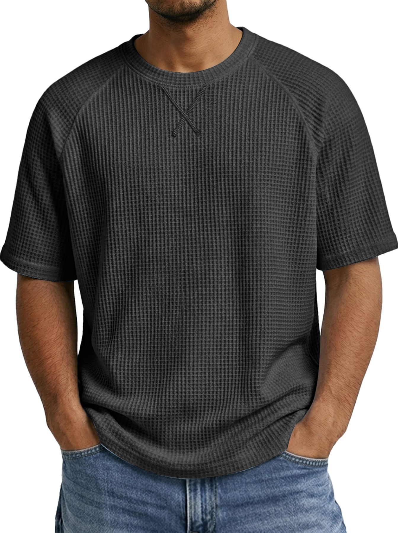 Men's Crew Neck Raglan Waffle Crossover Design Casual Short-Sleeve T-Shirt