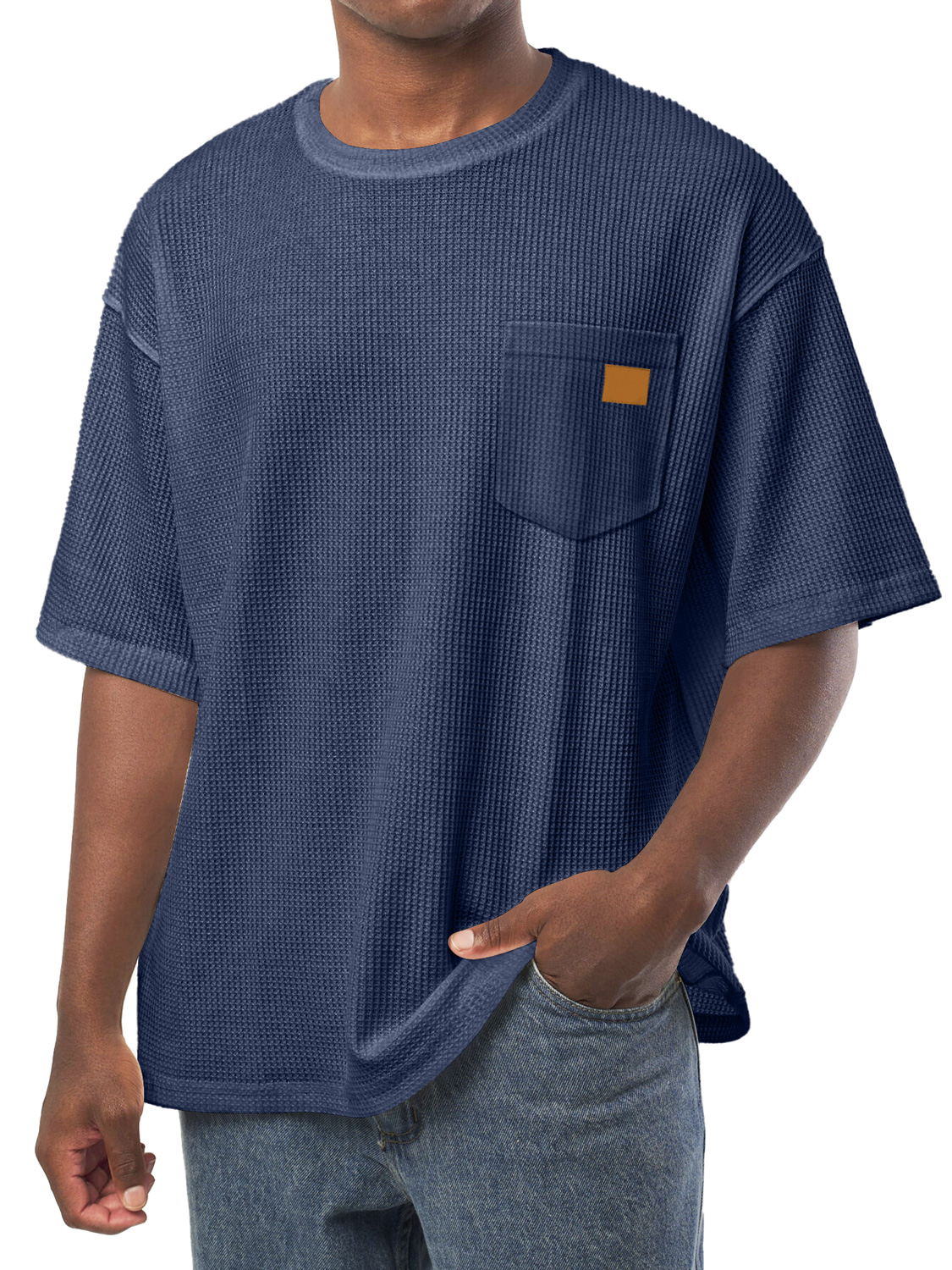 Men's Everyday Waffle Pocket Embroidered Logo Crew Neck Casual Loose Short Sleeve T-Shirt