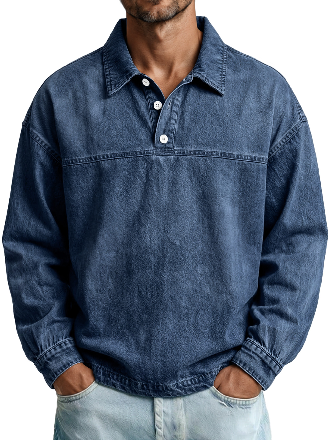 Men's Autumn Vintage Washed Cotton Long-Sleeve Casual Polo Shirt with Stitching Detail