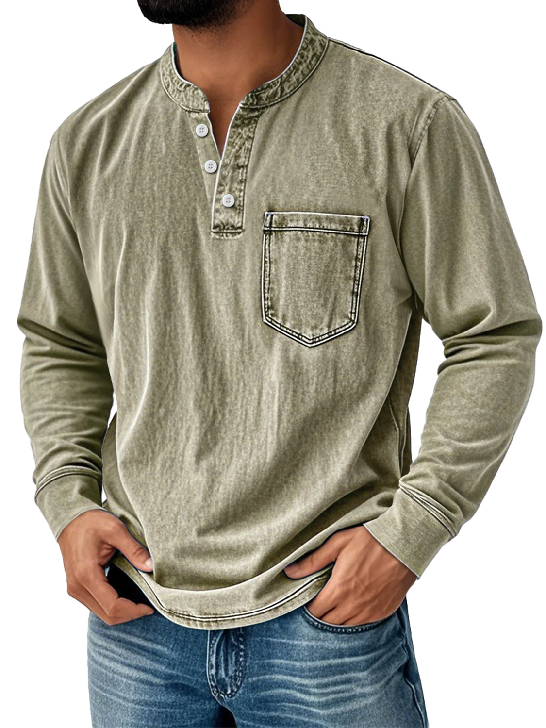 Men's Retro Stand Collar Pocket Casual Distressed Long Sleeve Henley Shirt