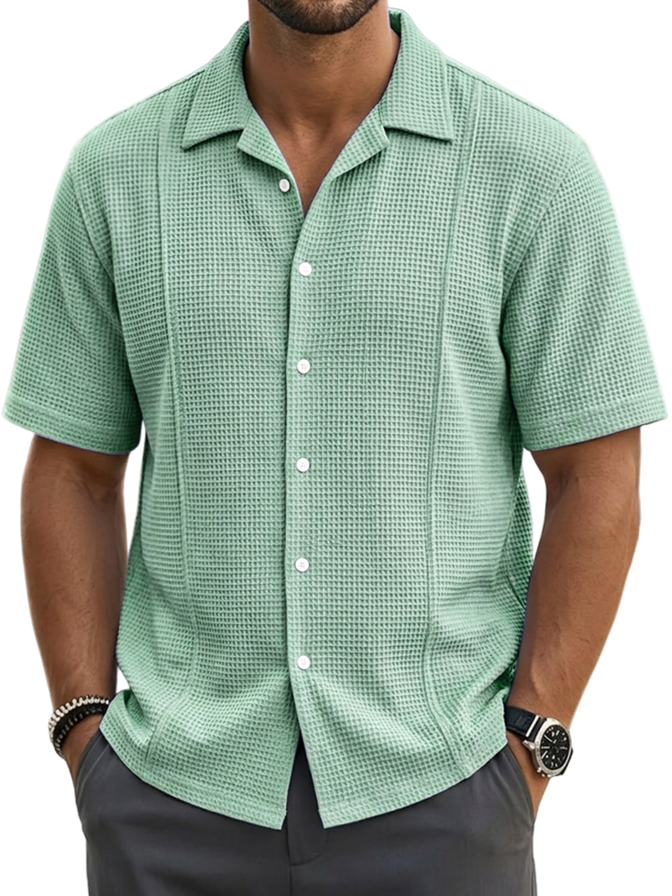 Men's waffle-knit deconstructed casual short-sleeved shirt