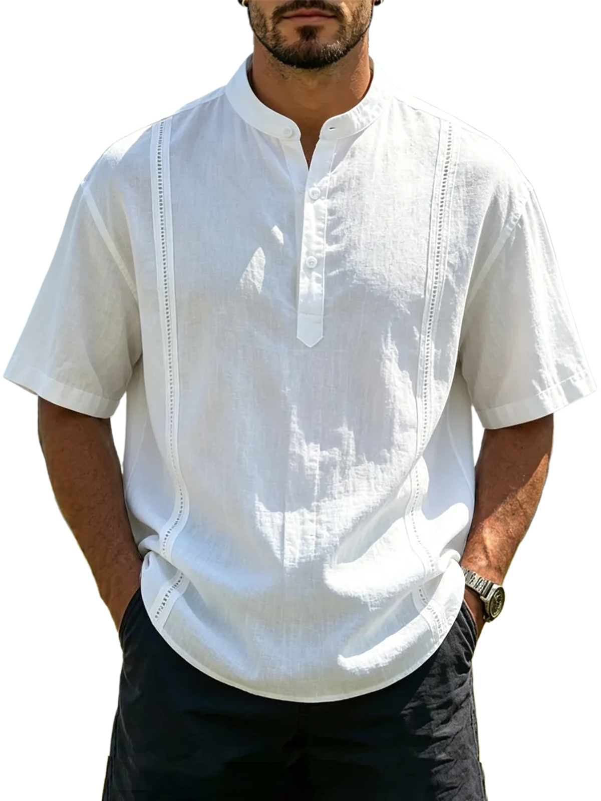Men's Cotton Linen Henley Collar Solid Color Cuban Guayabera Short-Sleeve Shirt