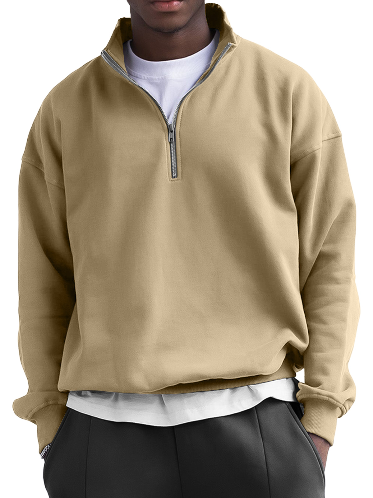 Men's Fashionable Stand Collar Zipper Casual Solid Color Sweatshirt