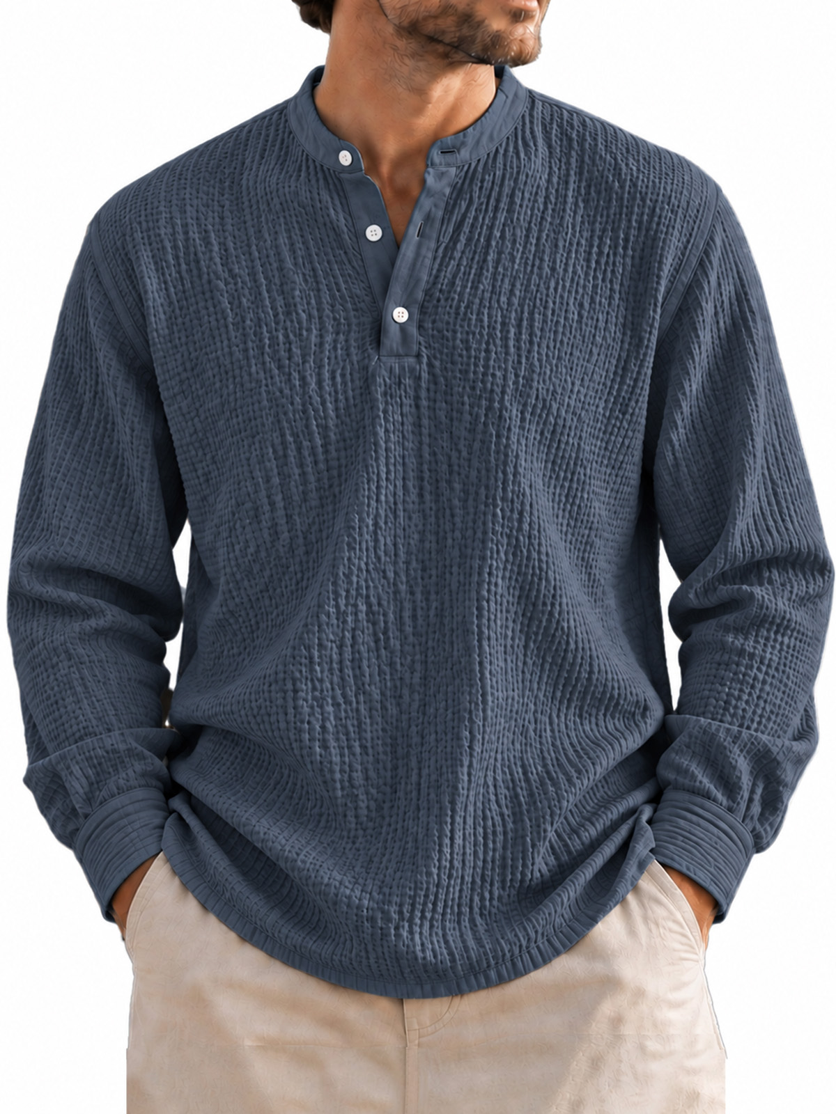 Men’s Lightweight Textured Crinkle Henley Long-Sleeve Shirt