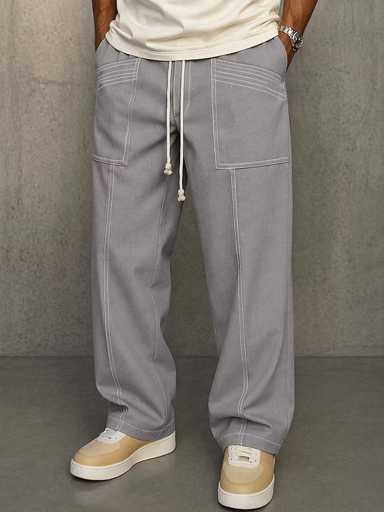 Men's Minimalist Loose Straight-Leg Pants with Stitched Patch Pockets
