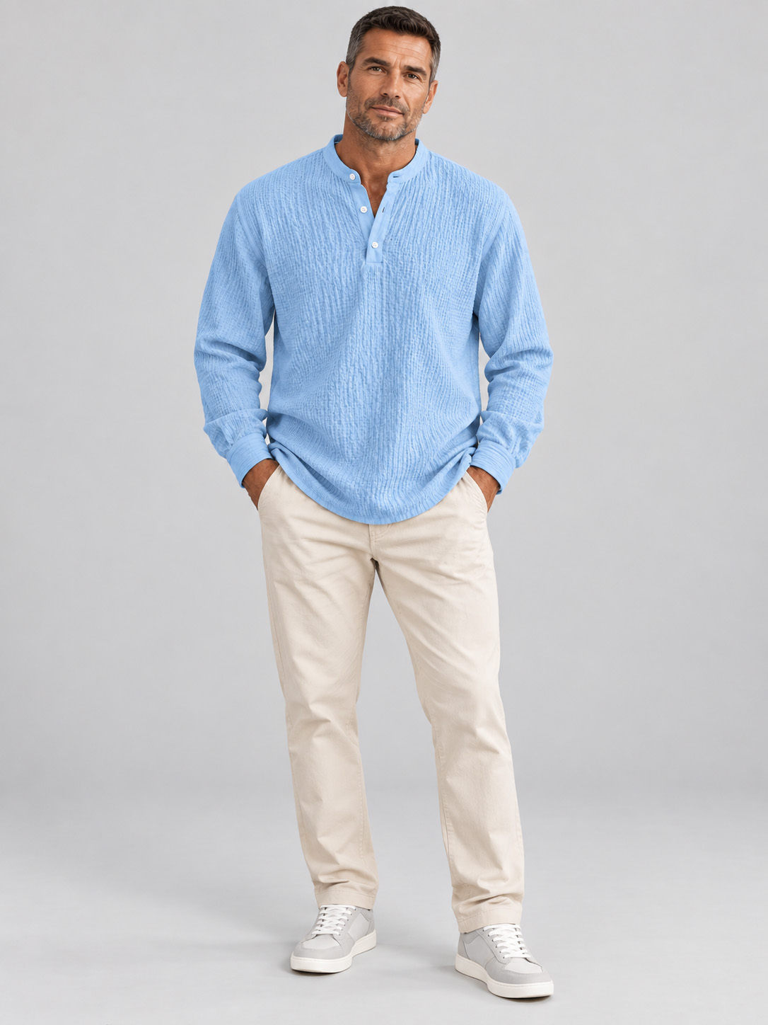 Men’s Lightweight Textured Crinkle Henley Long-Sleeve Shirt