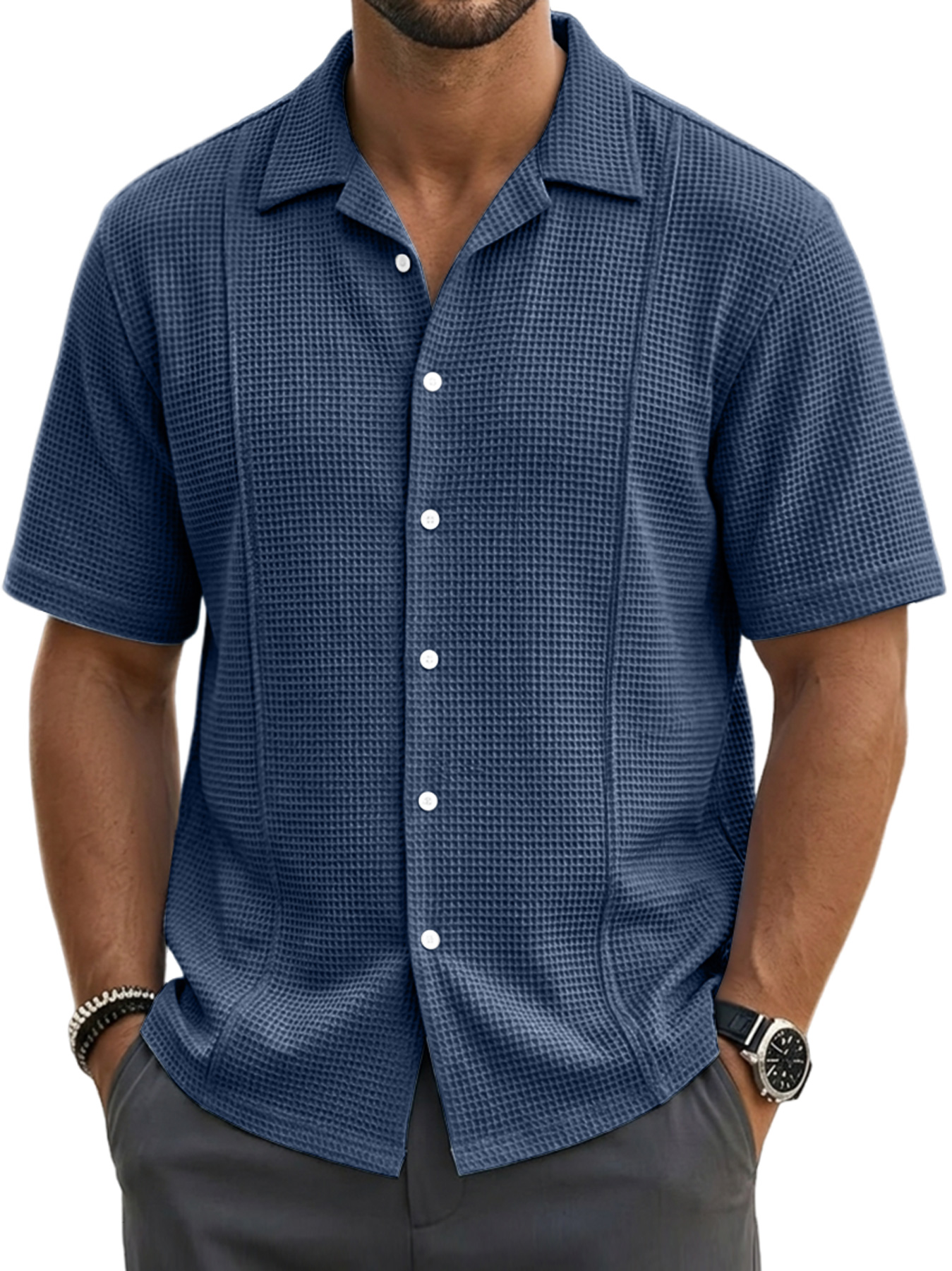 Men's waffle-knit deconstructed casual short-sleeved shirt