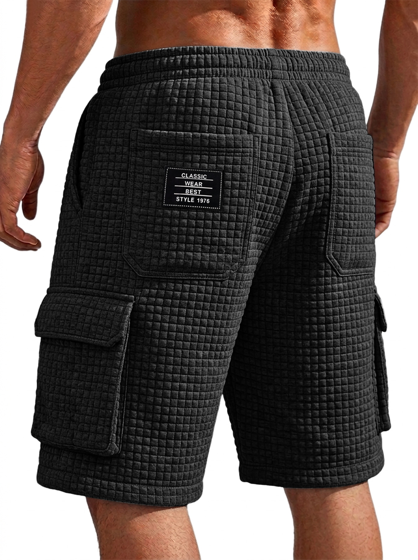 Men's Small-Check Multi-Pocket Casual Utility Shorts with Embroidered Logo