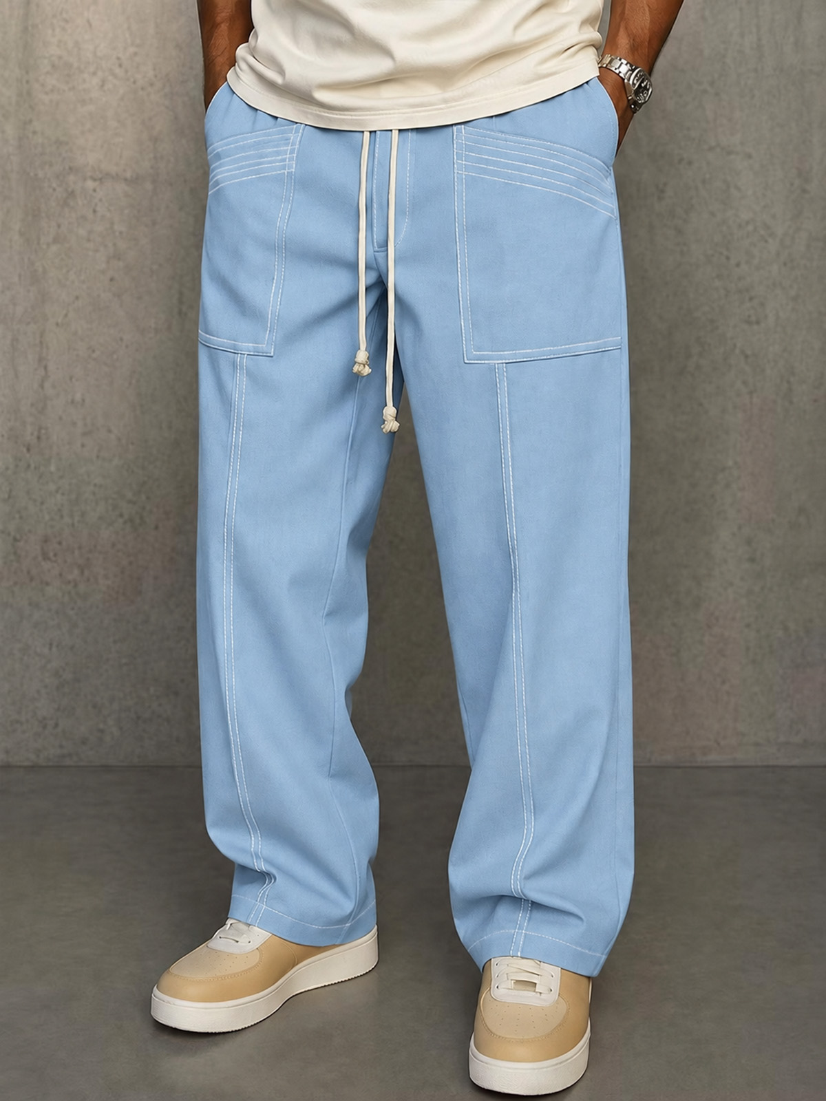 Men's Minimalist Loose Straight-Leg Pants with Stitched Patch Pockets