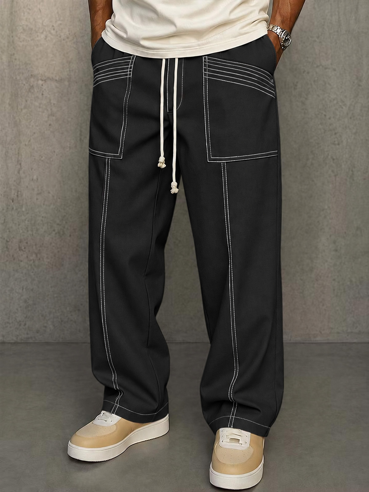 Men's Minimalist Loose Straight-Leg Pants with Stitched Patch Pockets