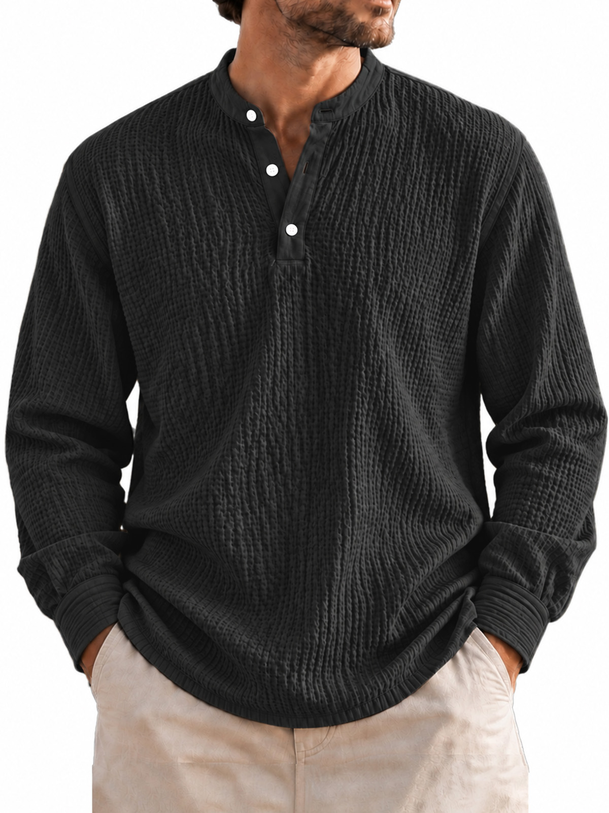Men’s Lightweight Textured Crinkle Henley Long-Sleeve Shirt