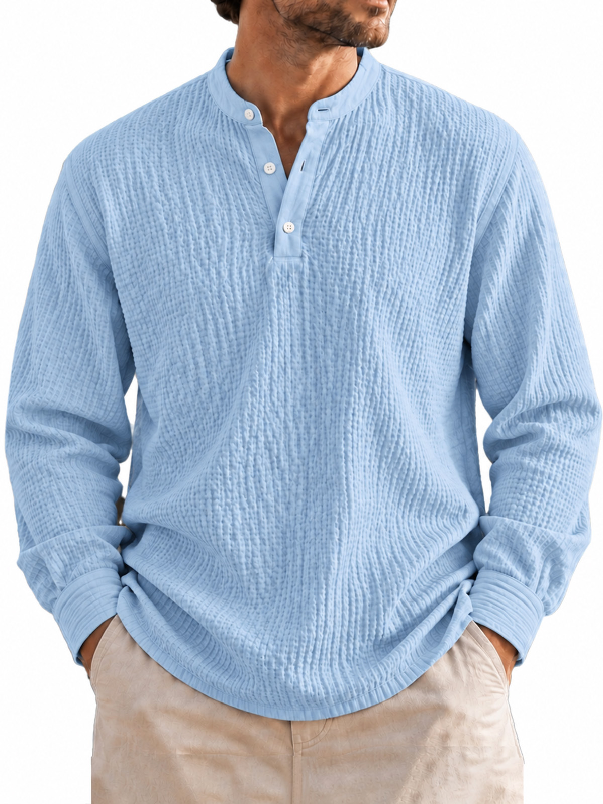 Men’s Lightweight Textured Crinkle Henley Long-Sleeve Shirt