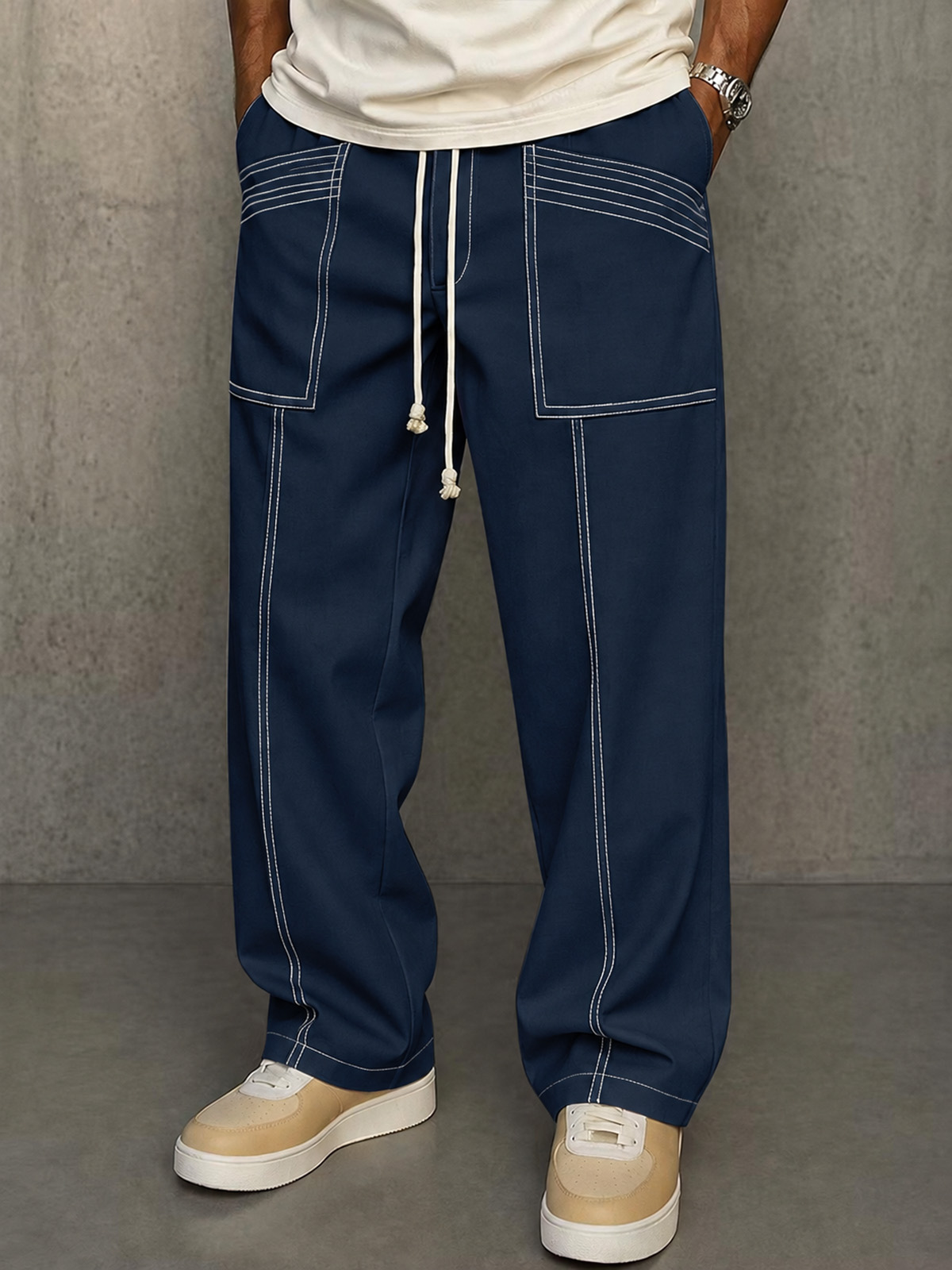 Men's Minimalist Loose Straight-Leg Pants with Stitched Patch Pockets