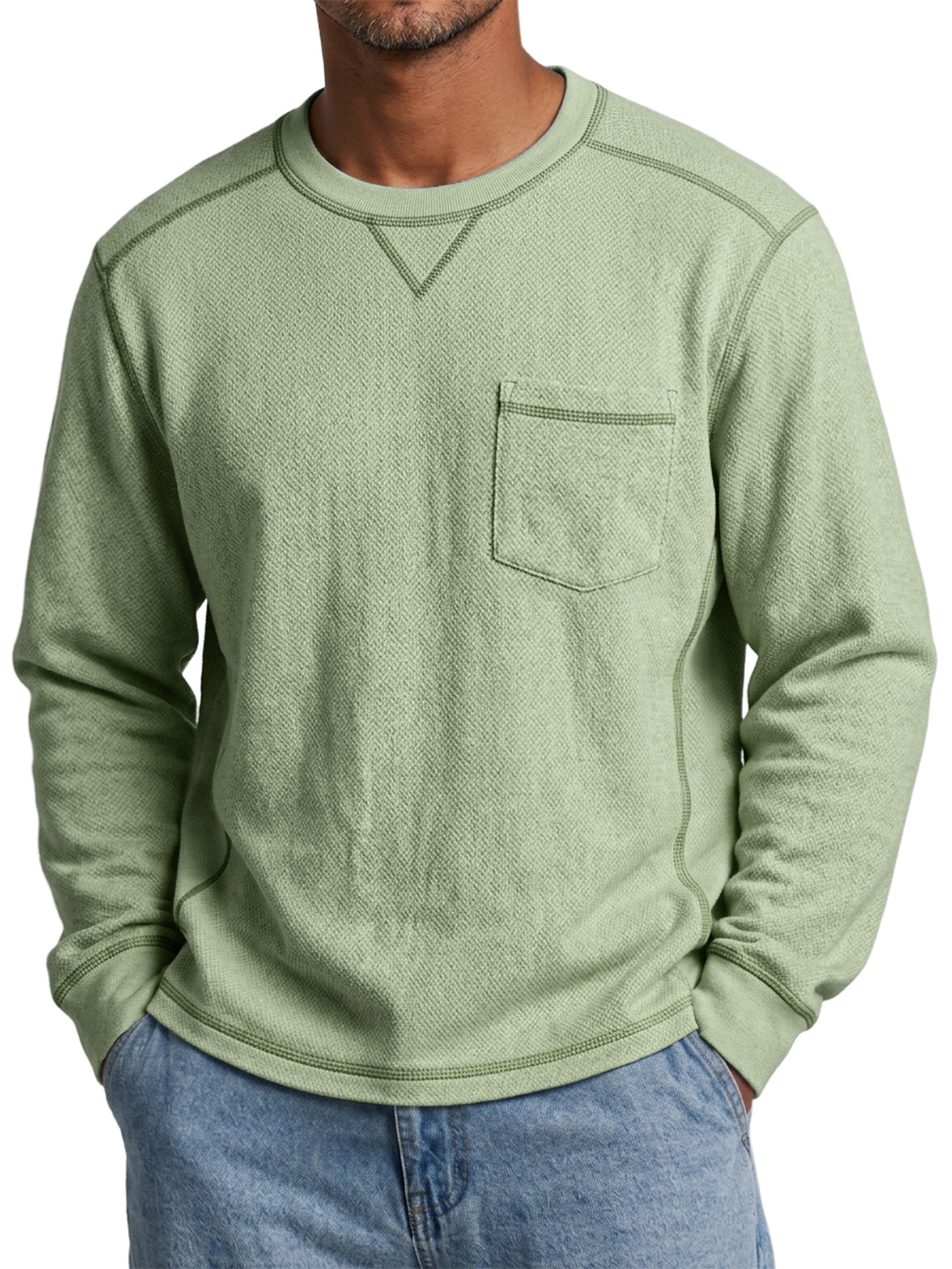 Men's Casual Long-Sleeve Crew-Neck T-Shirt with Contrast Stitching