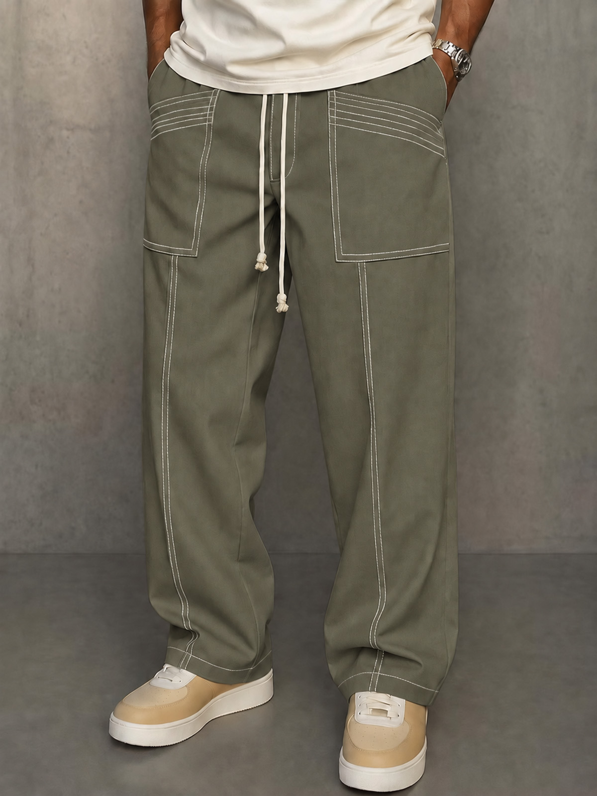 Men's Minimalist Loose Straight-Leg Pants with Stitched Patch Pockets
