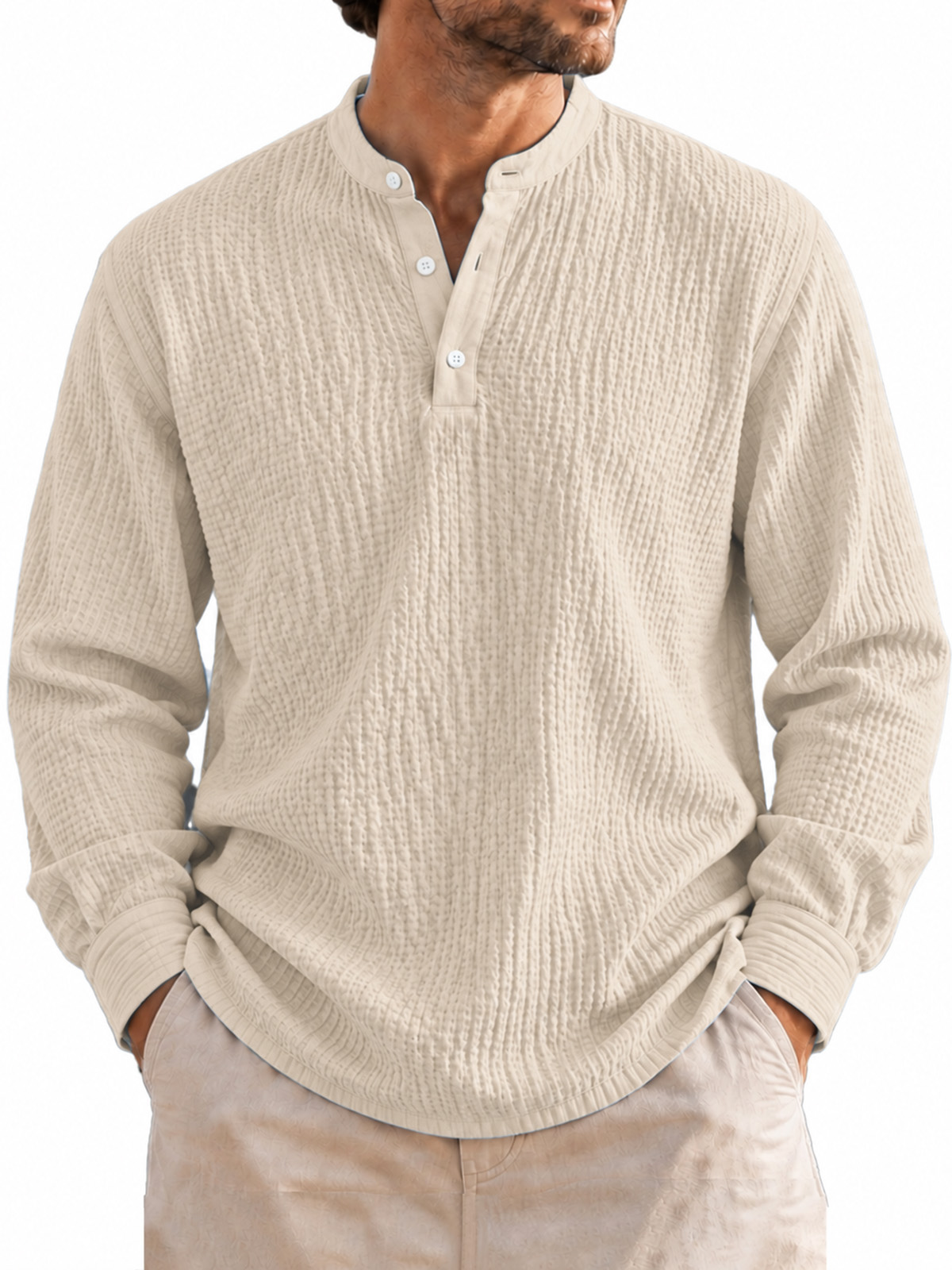 Men’s Lightweight Textured Crinkle Henley Long-Sleeve Shirt