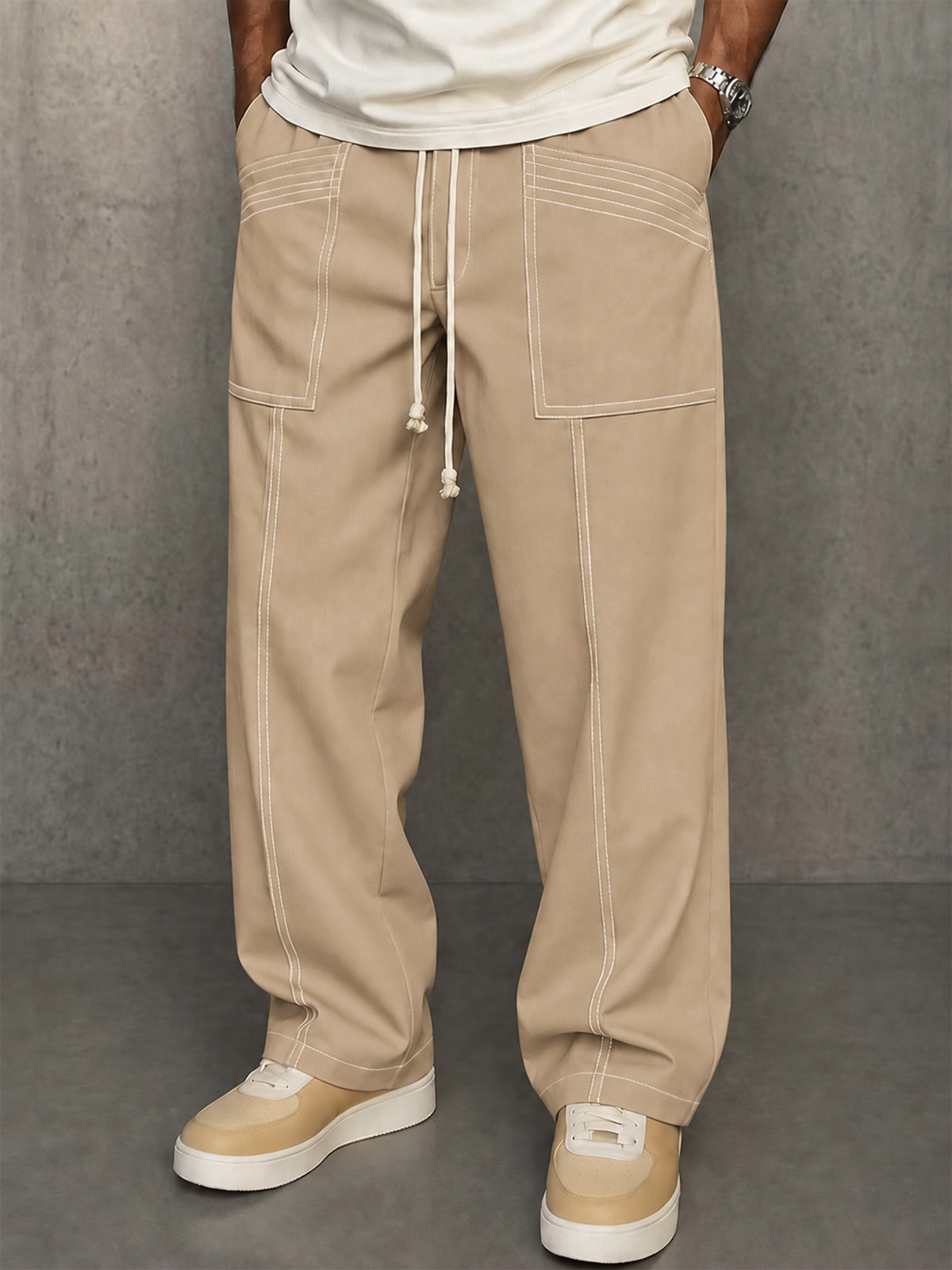 Men's Minimalist Loose Straight-Leg Pants with Stitched Patch Pockets