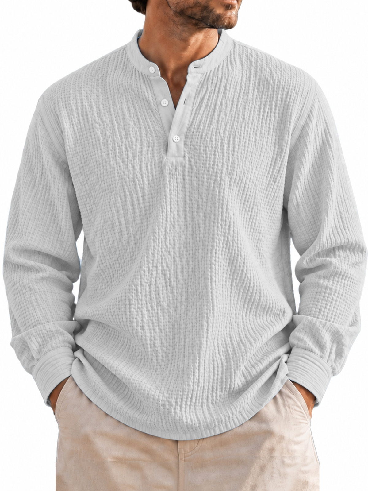 Men’s Lightweight Textured Crinkle Henley Long-Sleeve Shirt