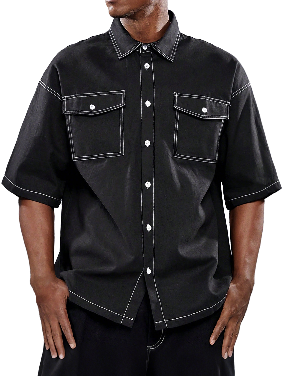 Men's Retro Workwear Double Pocket Casual Solid Color Short Sleeve Shirt