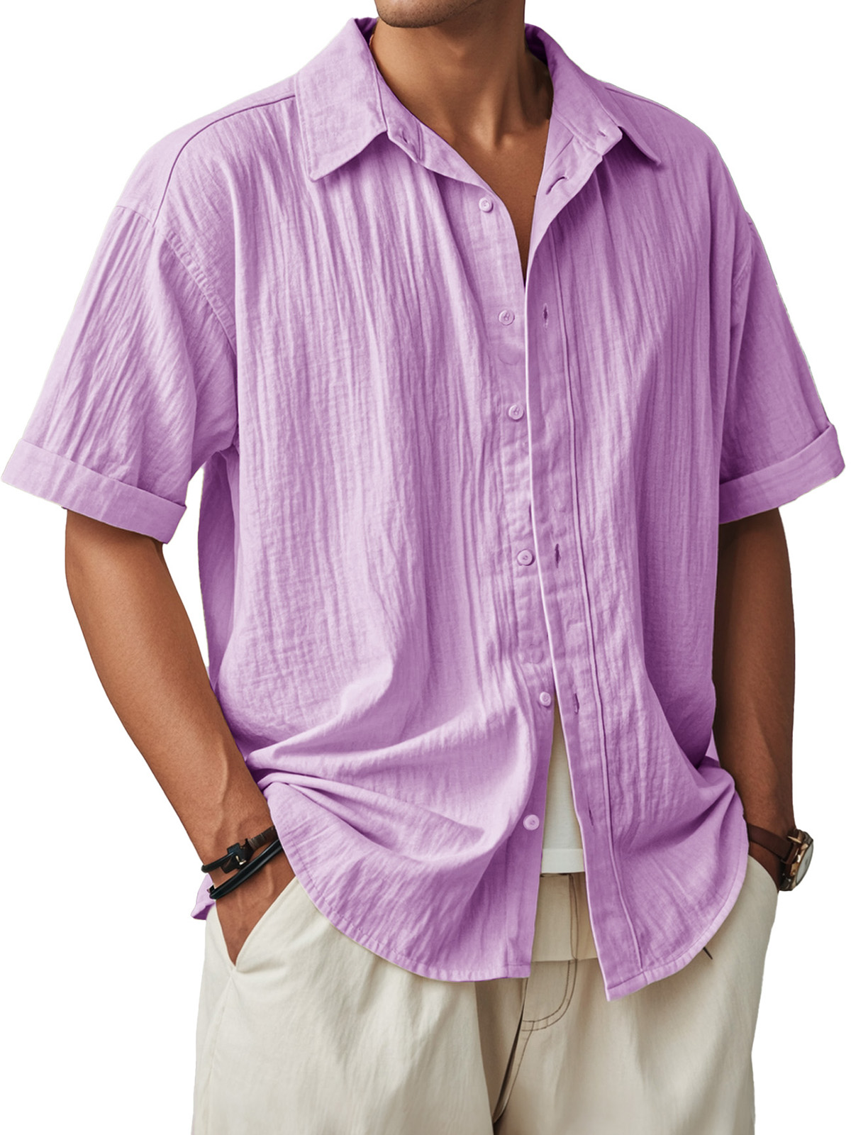 Men's Fashion Casual Pleated Fabric Short Sleeve Shirt