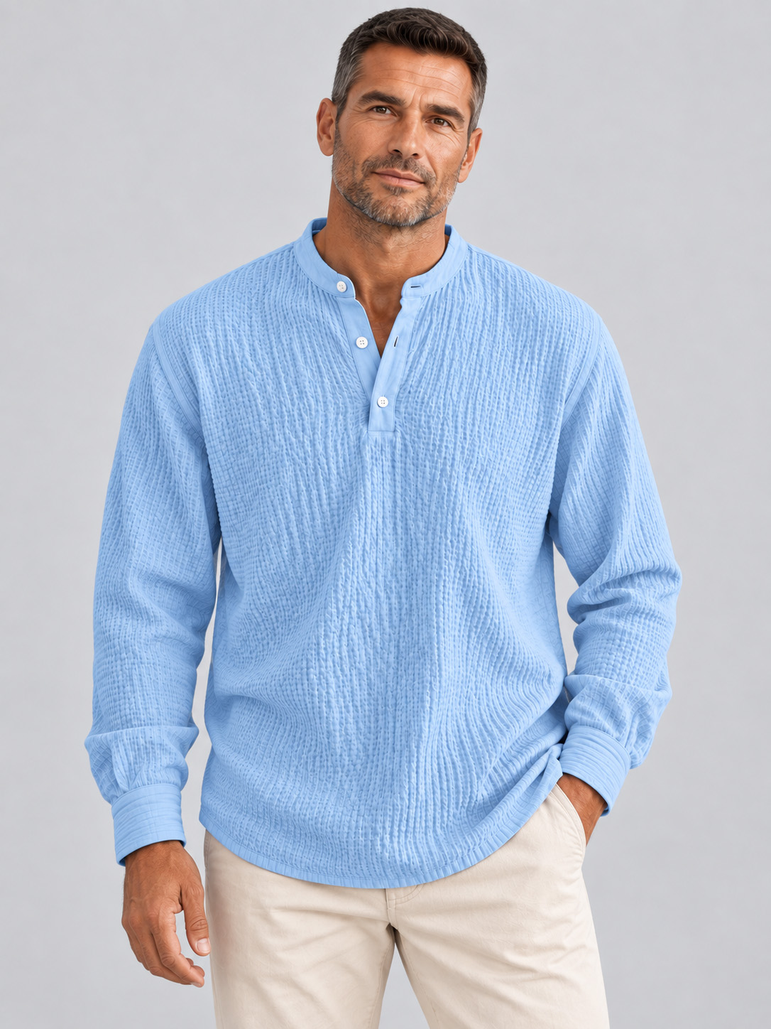 Men’s Lightweight Textured Crinkle Henley Long-Sleeve Shirt