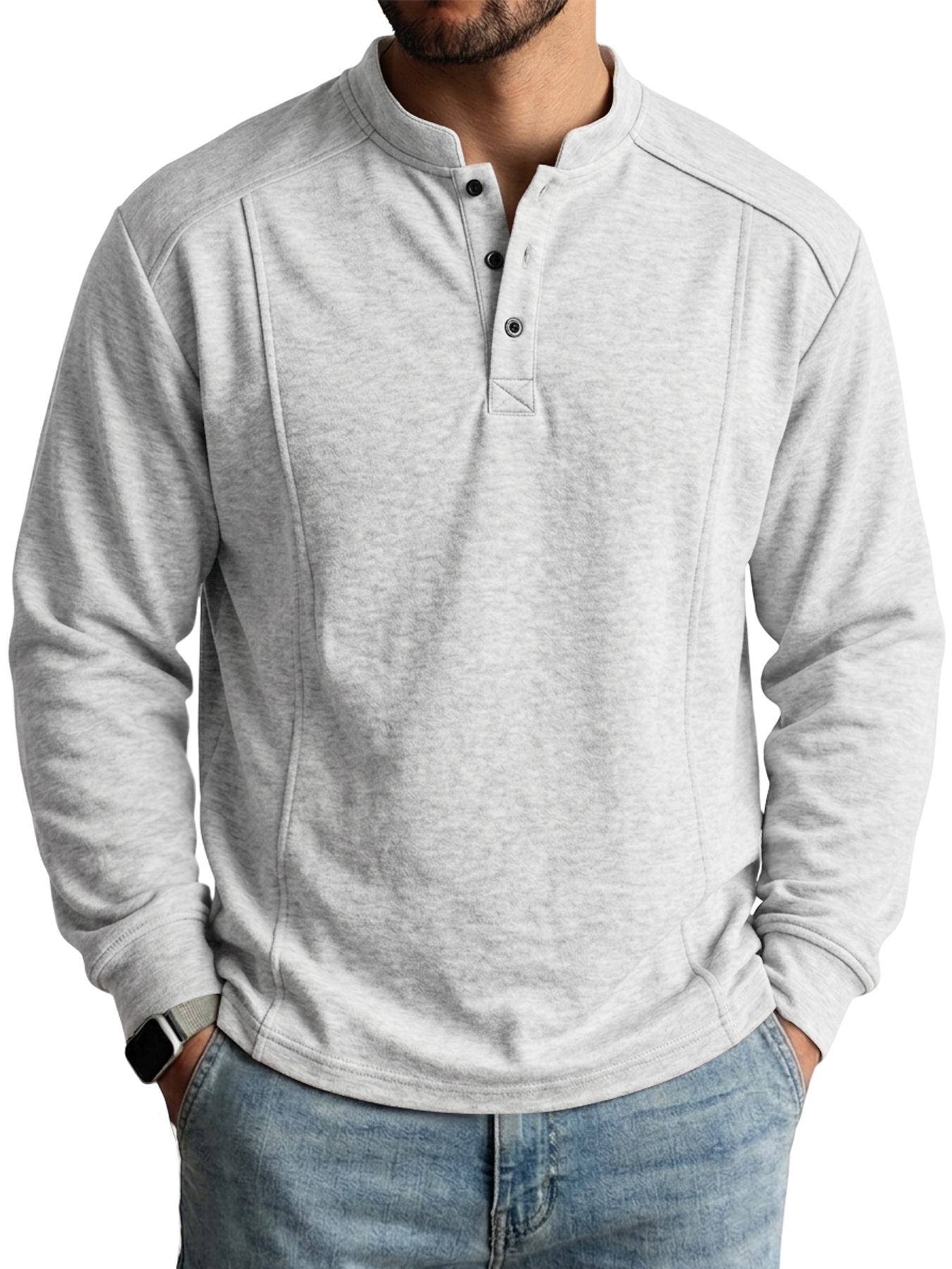 Men's Deconstructed Long-Sleeve Henley Shirt with Stand Collar and Button Detail