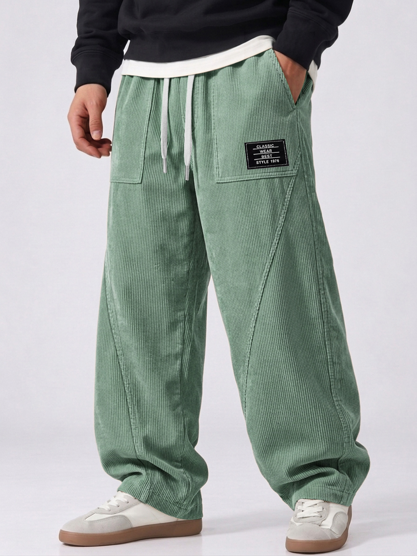 Men's Corduroy Deconstructed Casual Trousers with Patch Pockets and Curved Seam Detail
