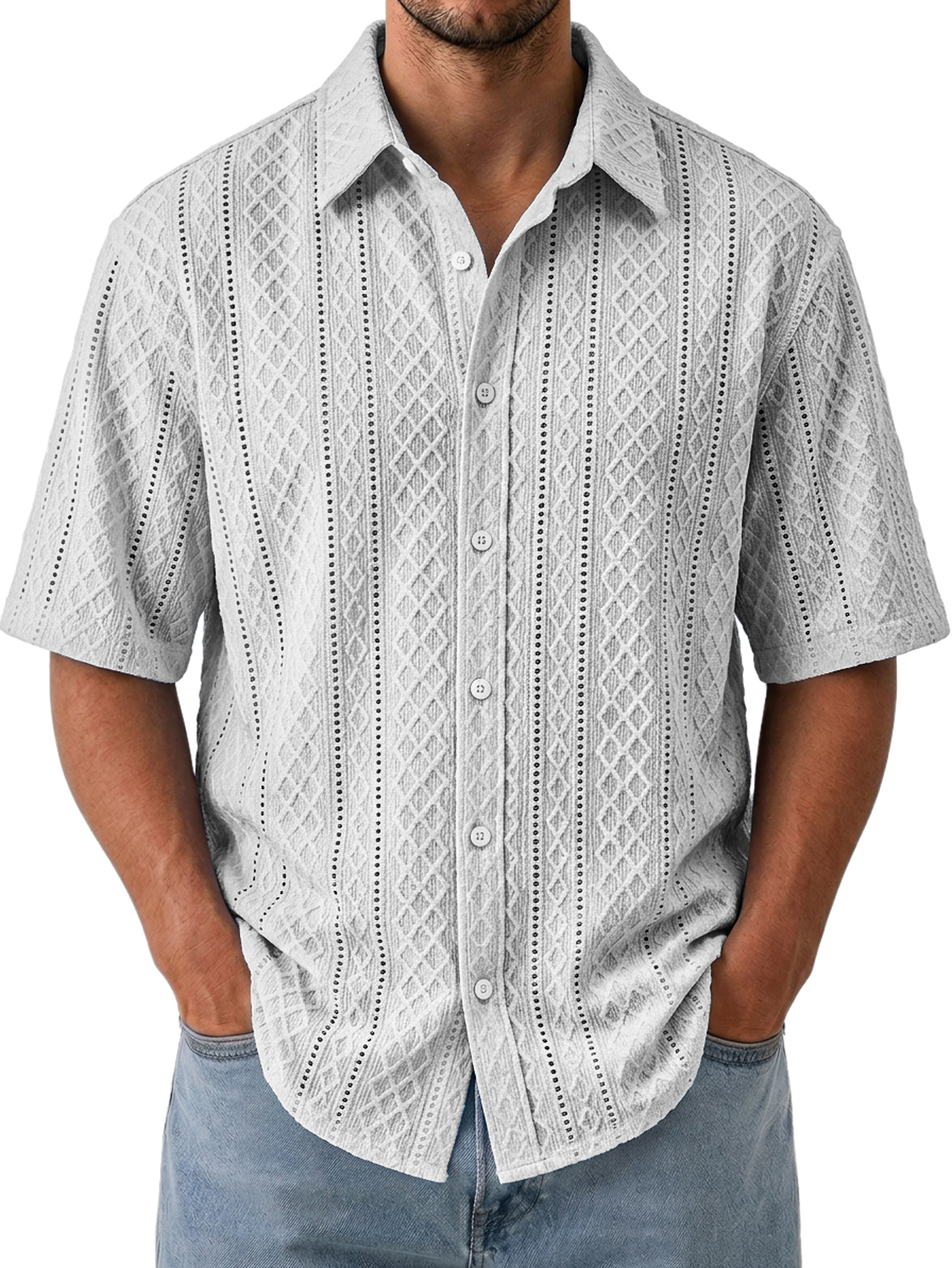 Men's Solid-Color Jacquard-Texture Casual Short-Sleeve Shirt