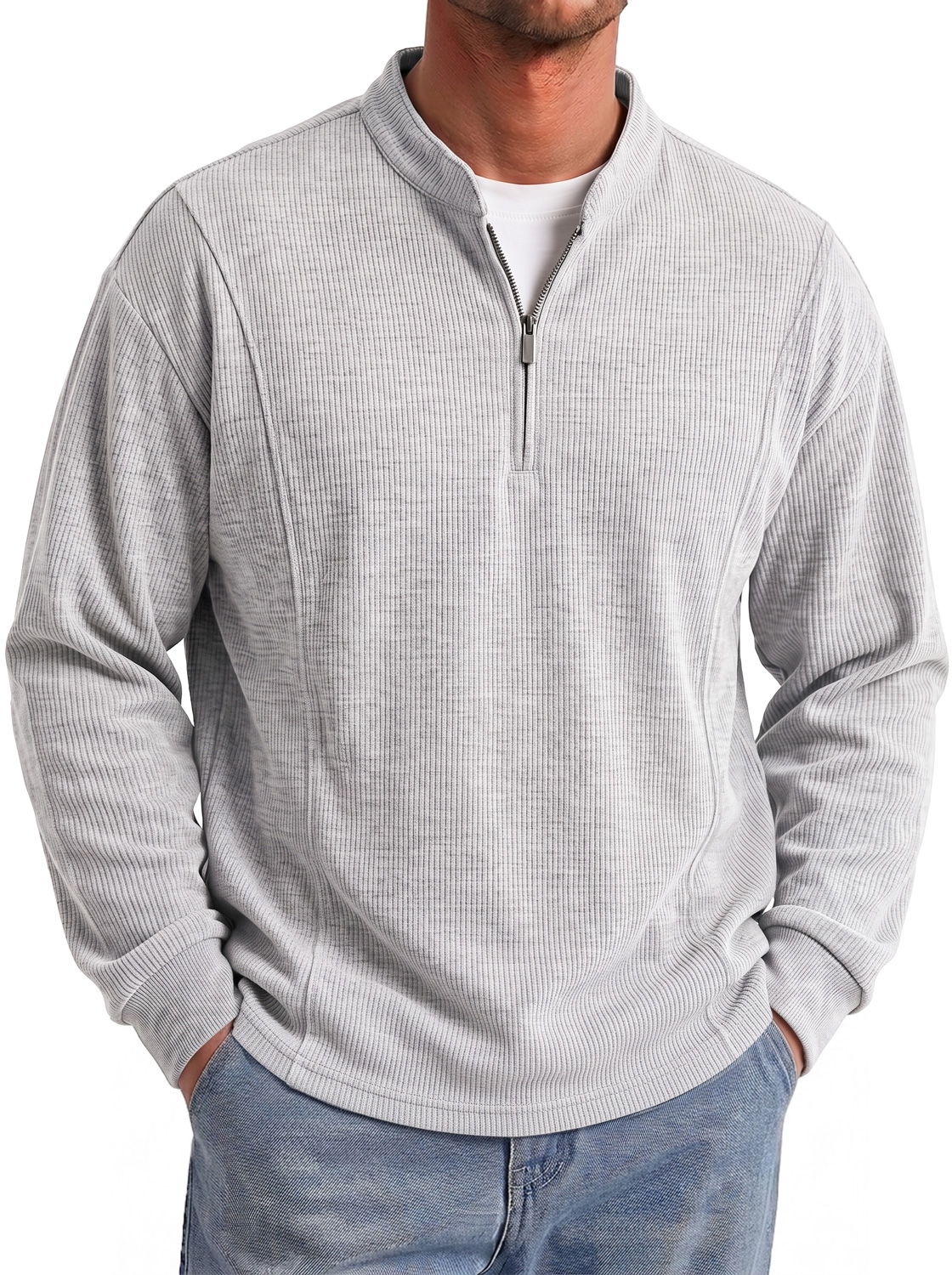 Men's Autumn Ribbed Stand-Collar Zip-Front Casual Long-Sleeve T-Shirt