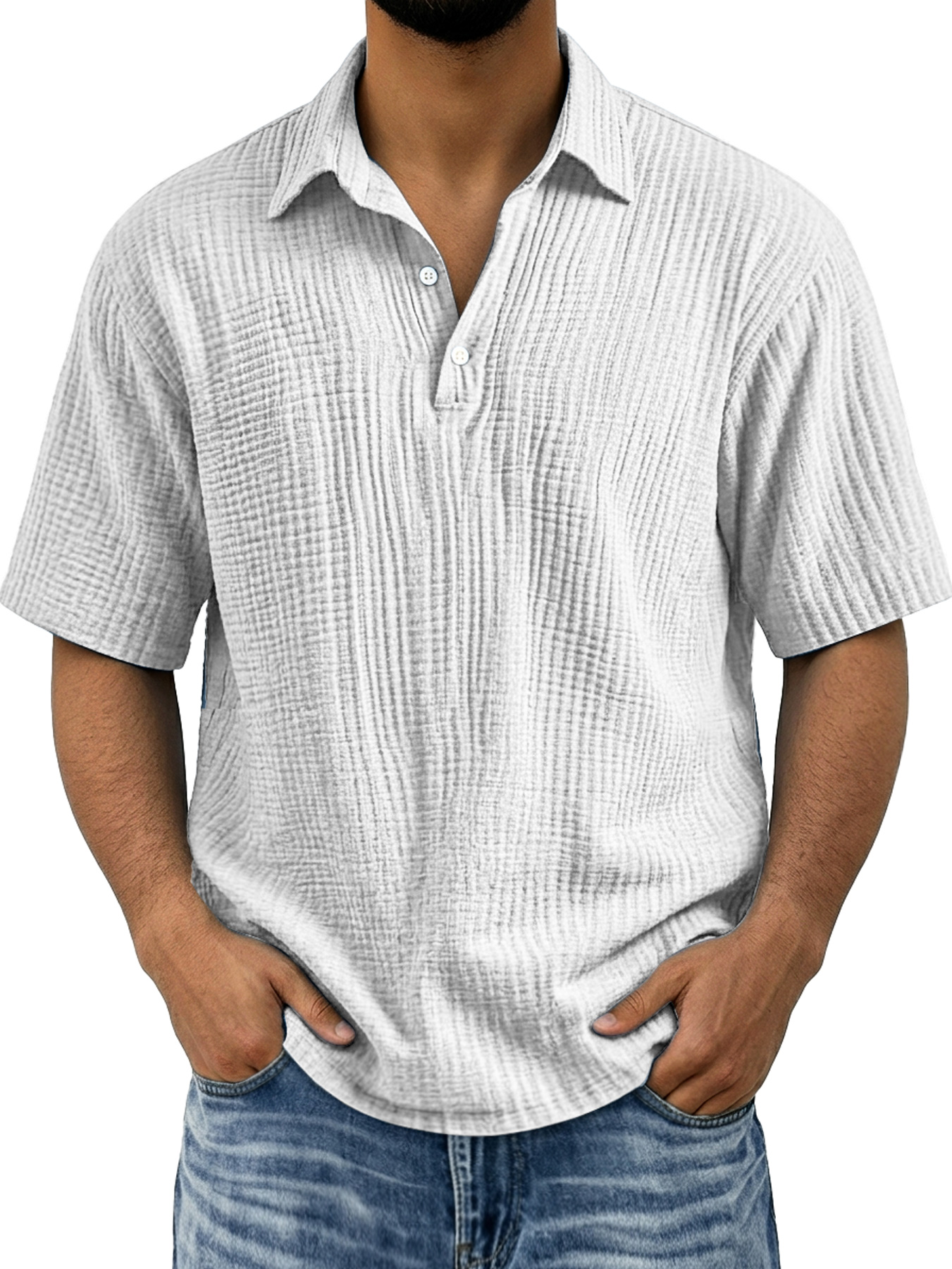 Men's Polo Shirt with Pleated Collar, Button-Down Casual Solid Color Short Sleeve
