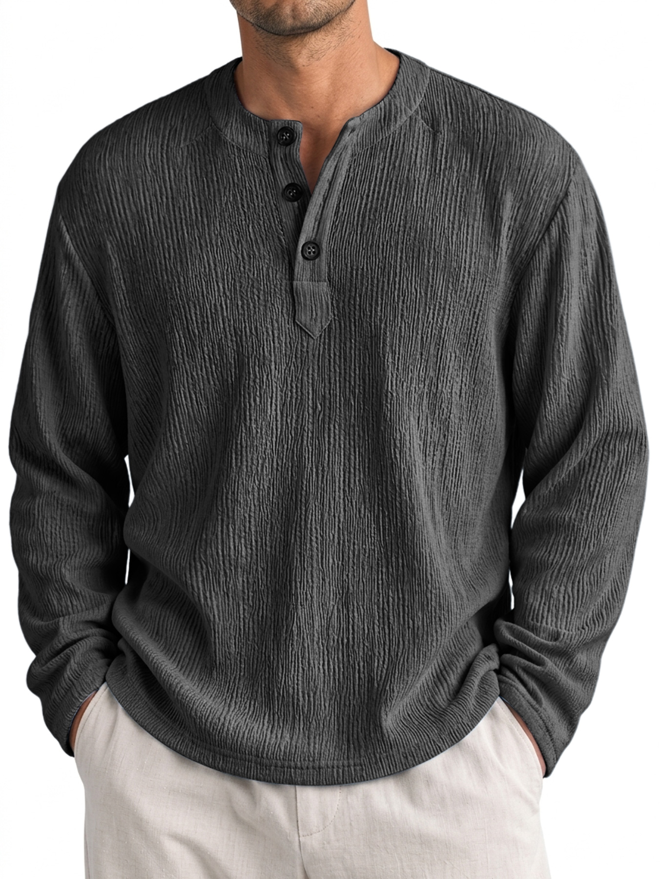 Men's Casual Textured Comfortable Long-Sleeve Henley Shirt